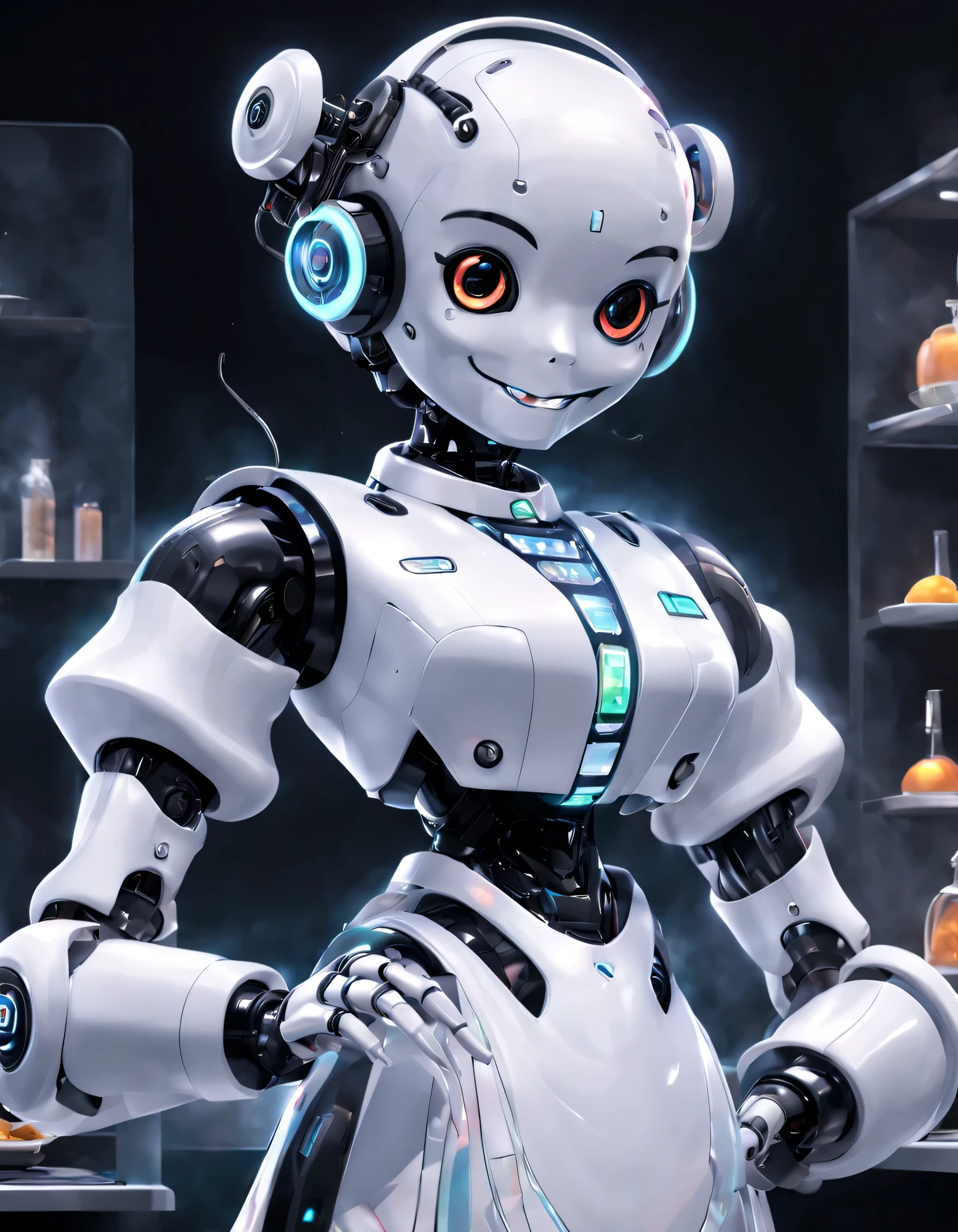 （The robot butler is cooking happily），The head is equipped with a high-definition analog face display，Warm and friendly smile,Wearing a holographic white butler uniform skirt suit，Future character design，sci-fy，Black technology，3D ，cyber punk personage，