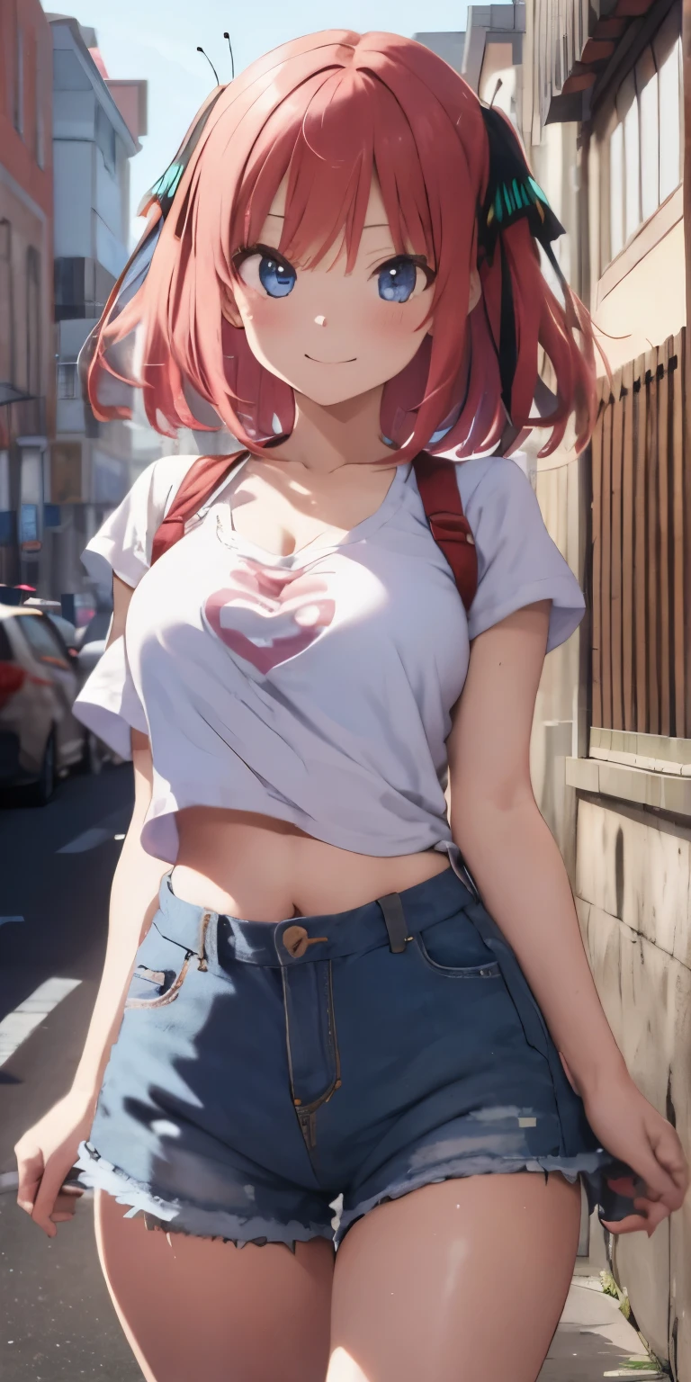 2d, masterpiece, best quality, anime, highly detailed, 1girl, solo, cowboy shot, nakano nino, pink hair, butterfly hair ornament, crop top , cleavage, Denim shorts , medium breasts, standing, school, outdoors, smile