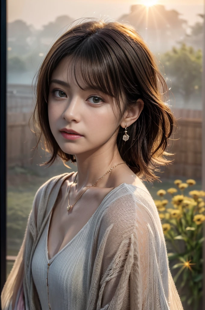 (Photoreal Stick:1.5, masutepiece:1.5, 8K), (top-quality, masterpiece, 超A high resolution), ((fog the lens:1.7)), ((reflect light onto the lens:1.7)), ((Shoot with blur:1.7)), ((sunrises, Sunlight coming in from behind:1.8, The sunlight of the morning sun spreads across the screen:1.8)), ((The woman looks hazy because of the bright light.:1.9, The entire screen appears white and hazy:1.9)), Face Sharp Focus:1.3, Professional camera work:1.3, Highly detailed skin and facial texture:1.3, Grow Light Effect, The ultra-detailliert:1.3, 1girl in, Fair skin, (Sense of clarity:1.4, a small face), Extremely beautiful face:1.5, (Sense of clarityを感じる目:0.9, looking distantly), Enraptured look:1.0, i love you completely:0.8, (Slightly open mouth:0.4, Sense of clarityを感じる口当たり:0.7), 二重まぶた, Dark brown medium hair, necklace and earrings