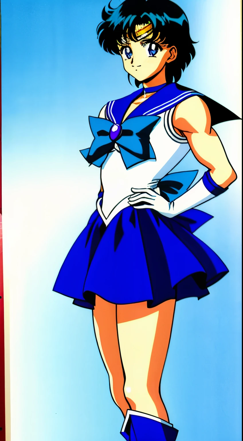 Top Quality Anime Art、masterpiece、high definition anime art、アニメstyles8K、Cool boys、Boy standing、Very short blue-haired boy、Blue-eyed boy、Golden Circlet、耳环、solo、Strong muscles、Sailor Senshi Uniform、Muscular and strong、white glove、elbowgloves、Blue choker、Blue Heeled Boots、White leotard、highleg leotard、robe blanche、Blue sailor collar、Sky blue bow tie、a miniskirt、pleatedskirt、a blue skirt、Muscular men、a smile、Bare shoulders、bare legs、Hymns to the King as a Prince, an retro anime image、full-body close-up shot、Anime. Soft lighting、(1990's\(styles\)0.9)、