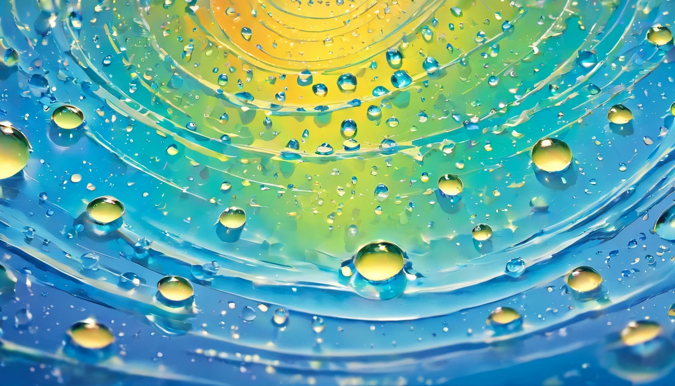 an abstract shot of water droplets on a vibrating surface, with multiple droplets creating unique and unpredictable patterns, showcasing the chaos and beauty that arises from the influence of vibration on water