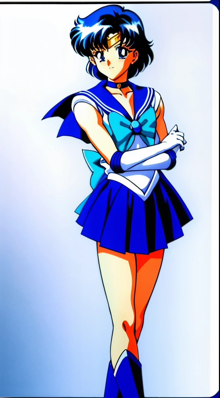 Top Quality Anime Art、masterpiece、high definition anime art、アニメstyles8K、Cool boys、Boy standing、Very short blue-haired boy、Blue-eyed boy、Golden Circlet、耳环、solo、Strong muscles、Sailor Senshi Uniform、Muscular and strong、white glove、elbowgloves、Blue choker、Blue Heeled Boots、White leotard、highleg leotard、robe blanche、Blue sailor collar、Sky blue bow tie、a miniskirt、pleatedskirt、a blue skirt、Muscular men、a smile、Bare shoulders、bare legs、Hymns to the King as a Prince, an retro anime image、full-body close-up shot、Anime. Soft lighting、(1990's\(styles\)0.9)、