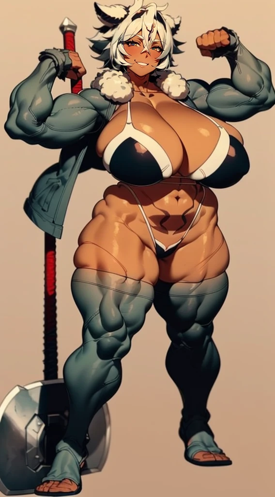 helga, dark-skinned female, short hair, silver hair, huge breasts, muscular female, thick thighs, thick arms, tomboy, holding axe, reflection light, blending, bloom, god rays, ray tracing, Fujicolor, drop shadow, Gothic art, anime, Ghibli-like colours, anime style, UHD, retina, masterpiece, ccurate, anatomically correct, textured skin, super detail, high details, high quality, award winning, best quality, highres, 1080P, HD, 4K, 8k, 16k,standing, warrior pose, axe holding,refsheet, charactersheet, blackbodysuit, smile,skinn covered, black bodysuit, full clothed, leotard, full body, feet, pants, pullover, coat,