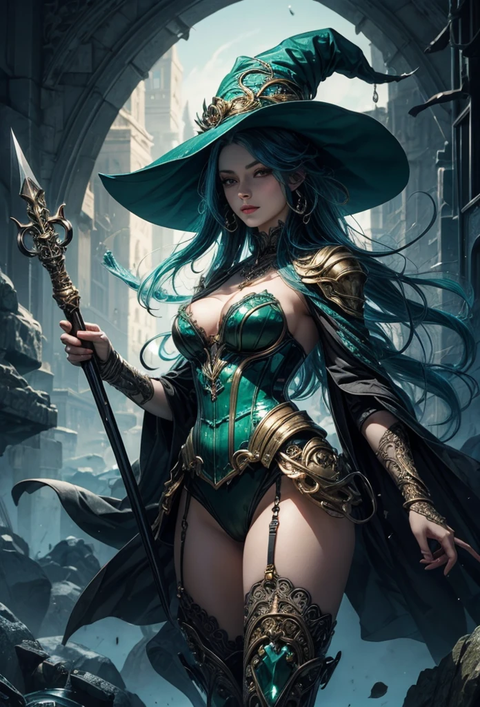(Detailed illustrations,Very detailed and detailed drawing,Delicate lines with slow and rapid,Realistic texture expression),[Color tressed main line],(Battlefield of Fantasy World [Burning castle]),(ROBOT GIRL(Emerald Witch [witch's hat [[Iron Mask]METALFACE]])[WEAPON MACHINE],(scaleで覆われたケープ [green crystal corset [snake chain [scale]]]),[Transparent material covering the body surface[clear green]],(Viper pattern),[Using a magic wand as a weapon],[[Mobile Weapon Gigant Size][Science Fiction Mechanical]],(Intricate and beautiful decoration [Dense detail]),[Transparency],(Precisely drawn face)[完璧な目のdetaileds(Iris beautifully drawn in every detail)[Jewel-like eyes]],[long and beautiful eyelashes],[Meticulously drawn hair [美しく艷やかな髪のdetaileds]],(完璧な手のdetaileds [Beautiful fingers without breakdowns [Beautiful nails]]),(Perfect Anatomy(Perfectly proportioned))[[Full body like]],[Ideal color coordination(Accurate simulation of light-material interactions)],([Precision Detail](detaileds,high-detail)),[Visual art that conveys a sense of narrative].