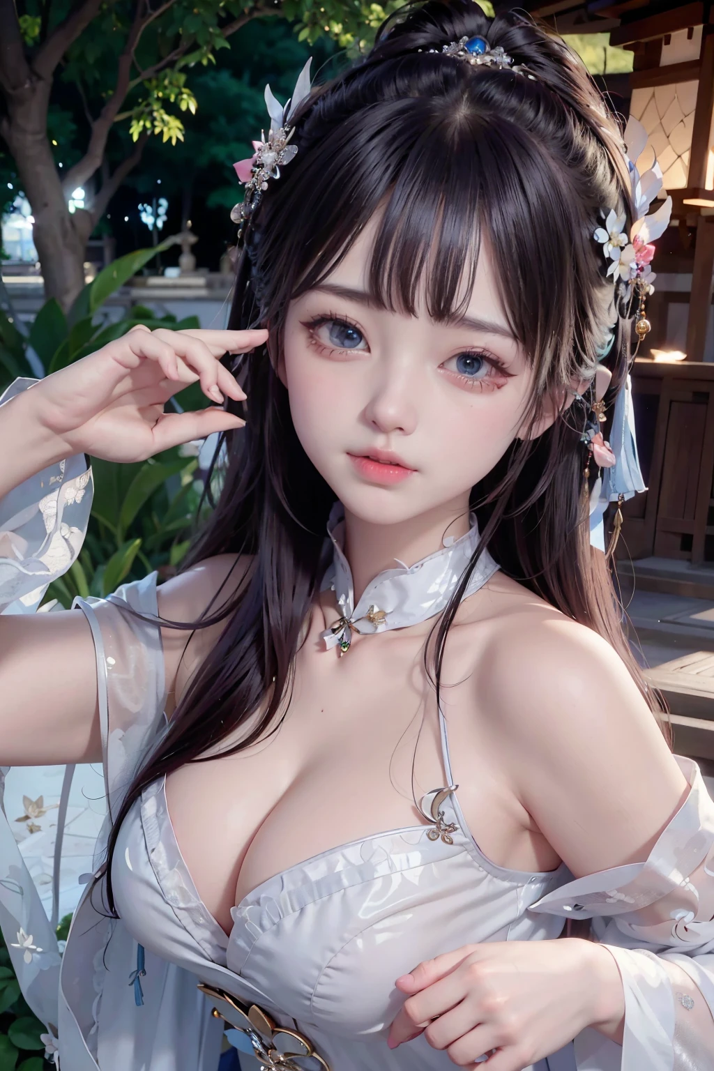 a princess 10 yeald old cute Hanfu dynasty open V-chested clothes royal, Wet body of thin silk fabric, Thin silk lace dress, (huge boobs,cleavage),, white pink ,best qualtiy,tmasterpiece,超高分辨率,(真实感:1.4),RAW photogr,(True skin texture:1.3),(filmgrain:1.3),(Selfie angle),1个Giant Breast Girl,Beautiful eye and face details,tmasterpiece,Best quality at best,,The chest more exposed, detailed hair,above looking down facing at camera,short dressPrincess Eyes,Super big eyes,Detailed face,shiny pupils, (a garden,moon palace,)