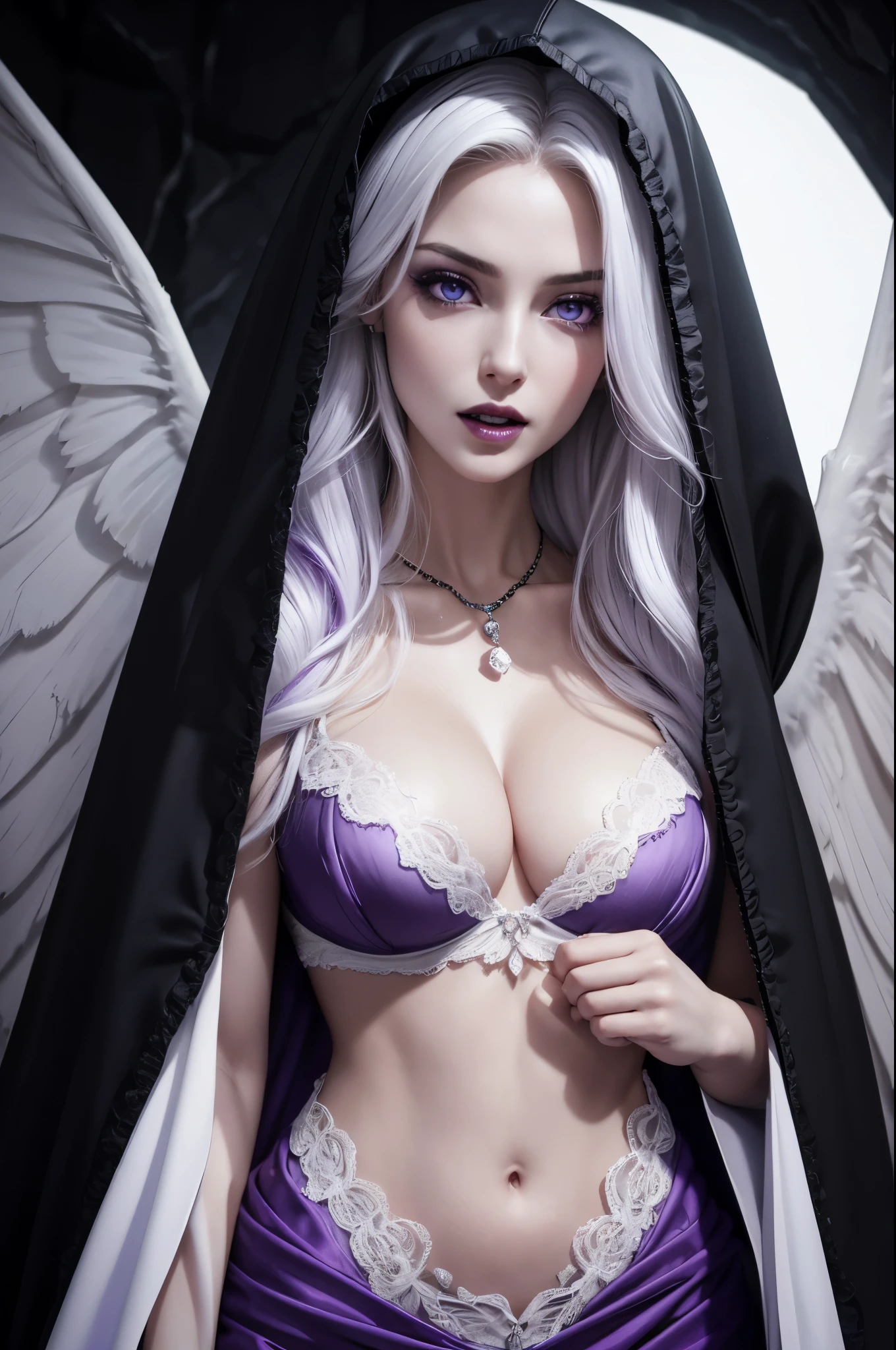 8k,A hyper-realistic,(masutepiece, Best Quality) Daniela Dimitresc, 1womanl, white hair,Looking at Viewer, Open mouth, Blonde hair, Background, cleavage, real looking skin,Jewelry, medium small breasts, Underwear, Looking, Upper body, flower, Wings, teeth and fangs, hoods, Necklace, Cape, Bra, makeup, bug, lip stick, Inside the black cave, Pedras preciosas, pale skin, veils, hoods up, Realistic, Black lips,超A high resolution,Purple Flame(purple effect),