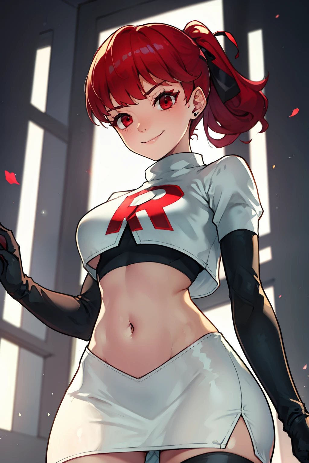 red hair, pony tail, red eyes ,glossy lips, light makeup, eye shadow, earrings ,team rocket,team rocket uniform, red letter R, white skirt,white crop top,black thigh-high boots, black elbow gloves, evil smile, looking down on viewer, arms crossed