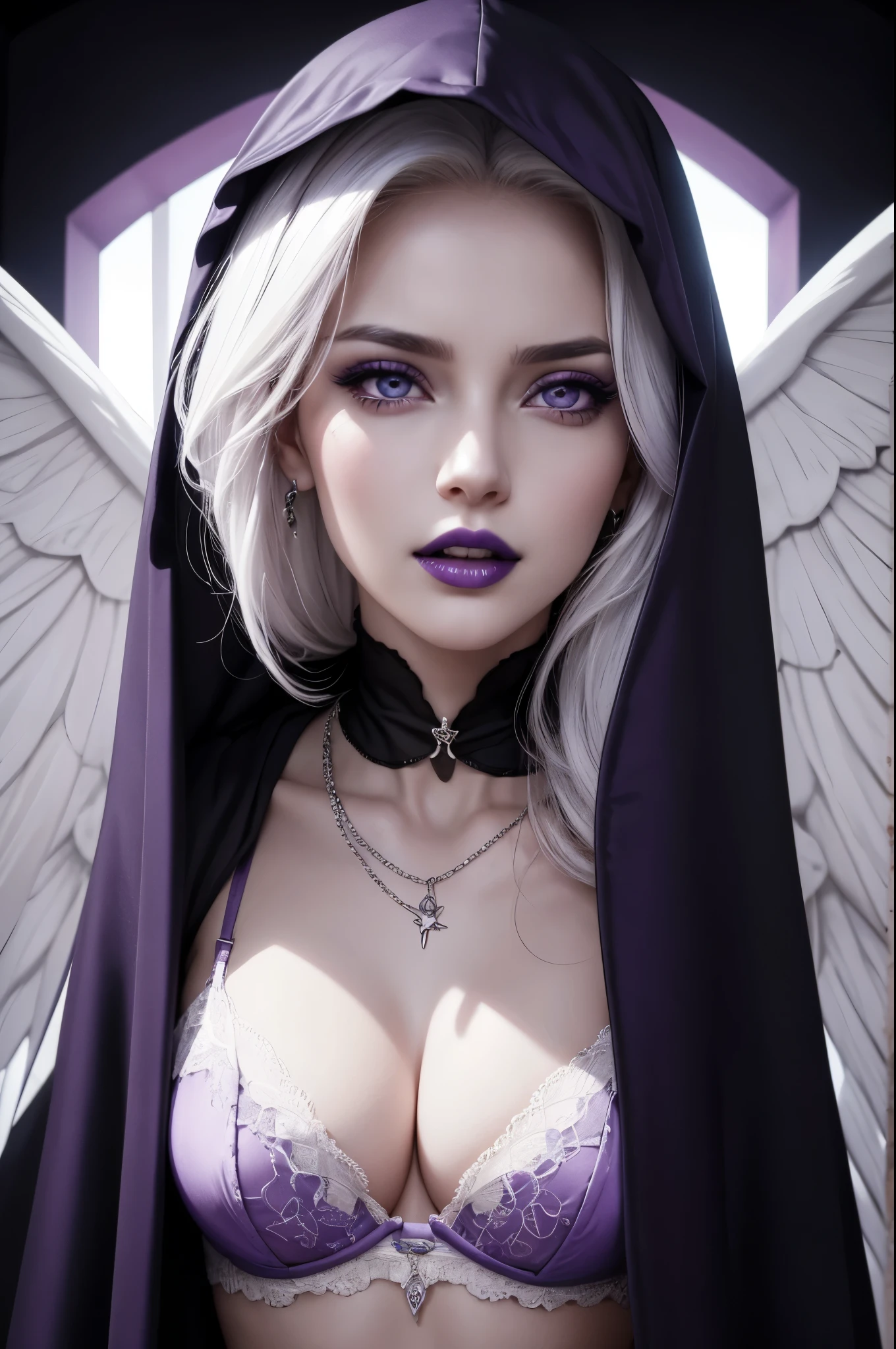 8k,A hyper-realistic,(masutepiece, Best Quality) Daniela Dimitresc, 1womanl, white  hair,Looking at Viewer, Open mouth, Blonde hair, Background, cleavage, real looking skin,Jewelry, medium small breasts, Underwear, Looking, Upper body, flower, Wings, teeth and fangs, hoods, Necklace, Cape, Bra, makeup, bug, lip stick, Inside the black cave, Pedras preciosas, pale skin, veils, hoods up, Realistic, Black lips,超A high resolution,Purple Flame(purple effect),