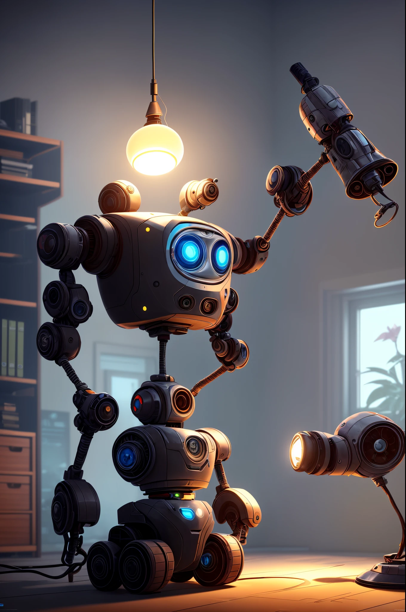 Electrobots and offices, unreal-engine, cozy indoor lighting, art stations, detailed, digitial painting, Cinematic, character design:Mark Leyden、Pixar and Hayao Miyazaki, Unreal 5, daz, Hyper-realistic, octaneratingrendering