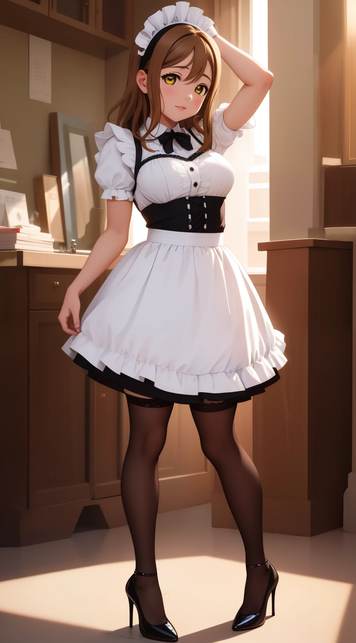 masterpiece, best quality, highly detailed, ultra high res, 1girl, solo, glossy lips, kunikida hanamaru, amber eyes, maid, city street, thigh highs, high heels