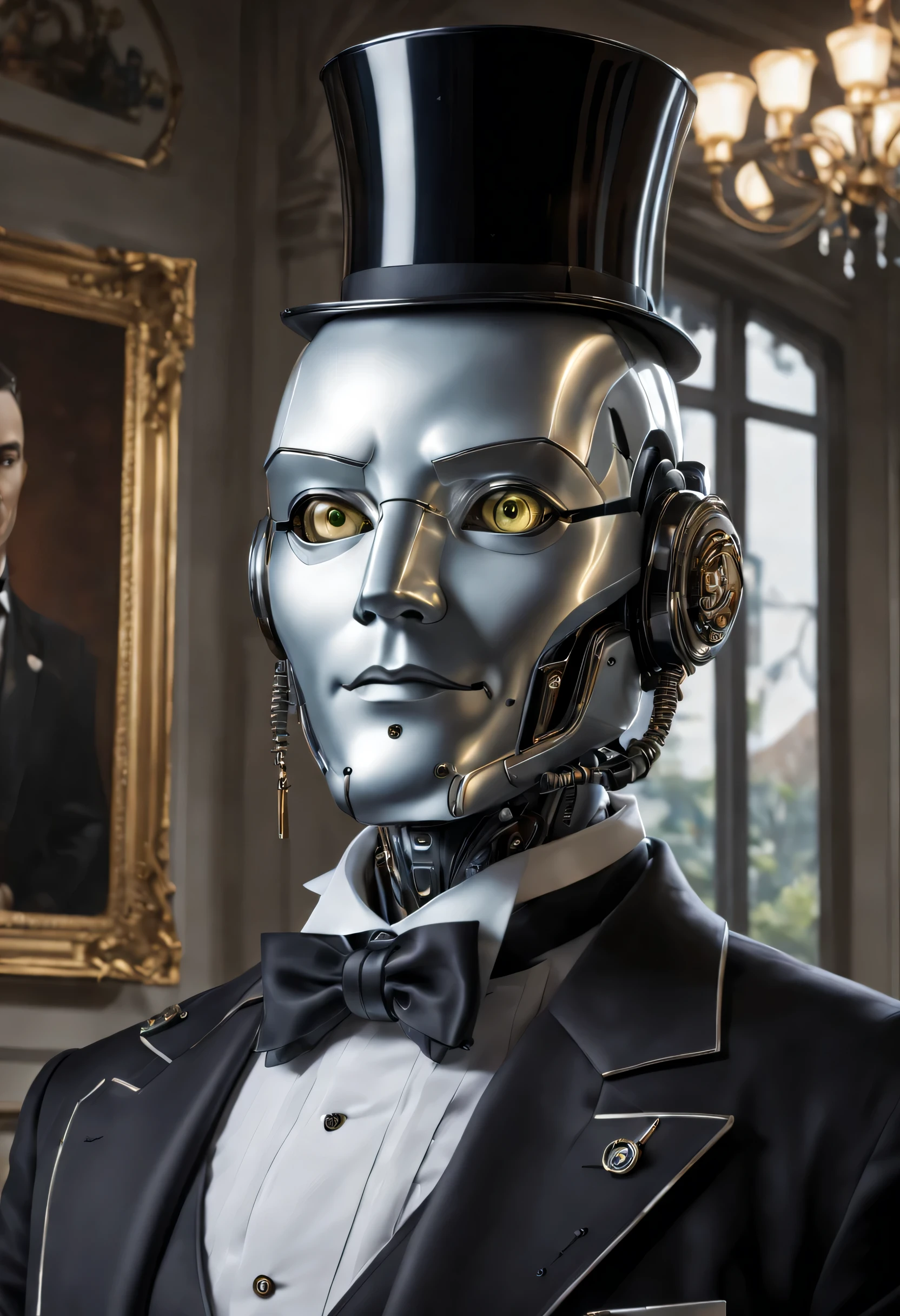 art by mooncryptowow, portrait of an android robot dressed as a butler exudes an intriguing blend of advanced technology and old-world charm. Its sleek, metallic frame and cybernetic enhancements are juxtaposed with the classic attire of a butler, creating a visually captivating and thought-provoking scene that blurs the boundaries between the past and the future, evoking a sense of wonder and fascination, super detail, high details, high quality, award winning, 8k, masterpiece