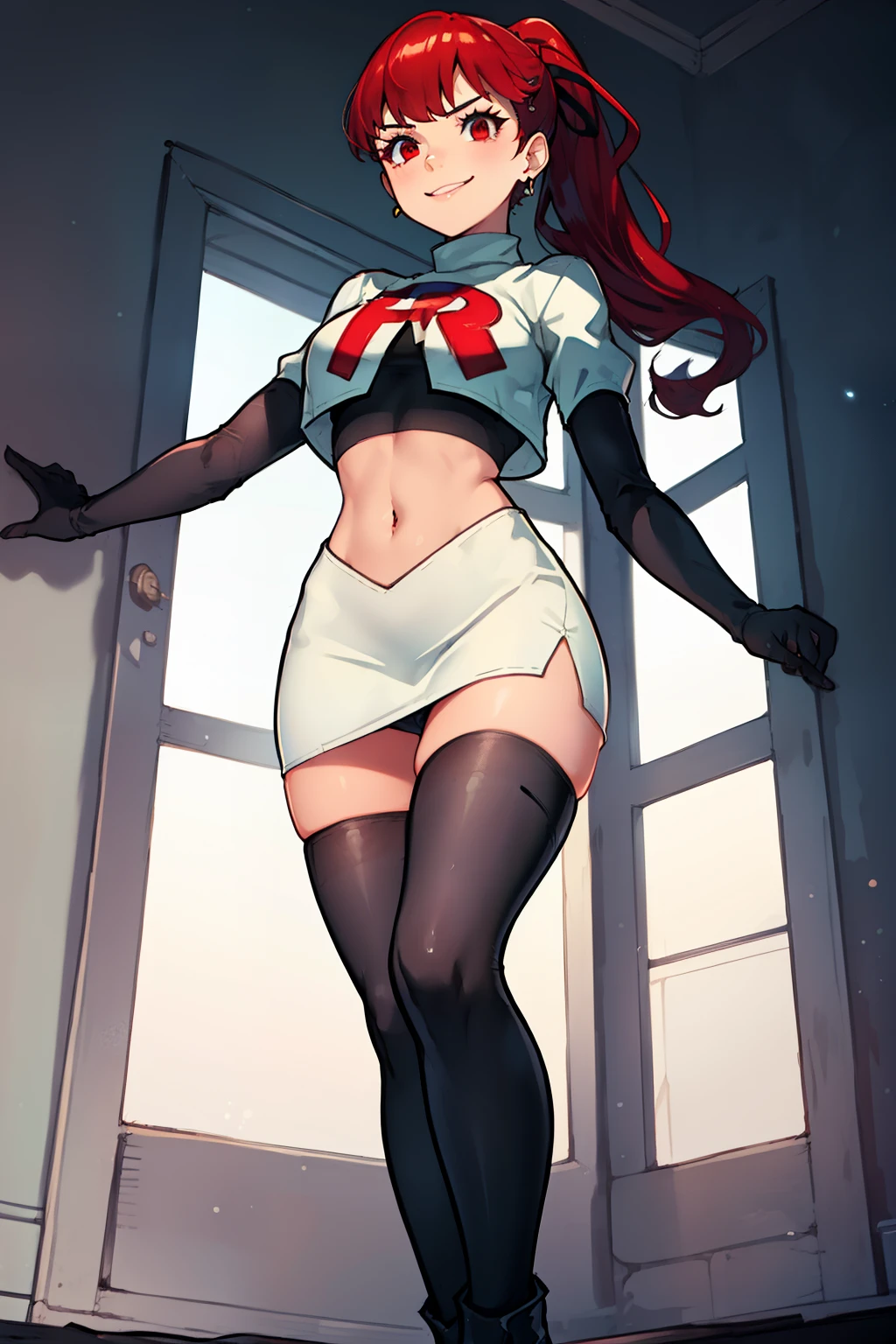 red hair, pony tail, red eyes ,glossy lips, light makeup, eye shadow, earrings ,team rocket,team rocket uniform, red letter R, white skirt,white crop top,black thigh-high boots, black elbow gloves, evil smile, looking down on viewer, arms crossed