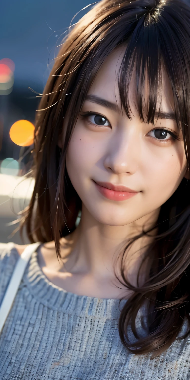 1girl, Tokyo street,night, cityscape,city lights,upper body,close-up,smile,, (8k, RAW photo, best quality, masterpiece:1.2),(realistic, photo-realistic:1.37),