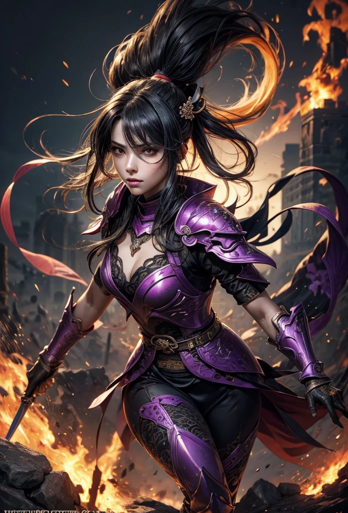 (Detailed illustrations,Very detailed and detailed drawing,Delicate lines with slow and rapid,Realistic texture expression),[Color tressed main line],(Fantasy World Battlefield Background [Burning castle]),(GIRL ROBOT (purple scorpion[METALFACE]) (SKINNY)) [WEAPON MACHINE],((NINJA Sengoku Armor))[stall],[[poisonous scorpion pattern]],[Use a ninja sword as a weapon],[[Mobile Weapon Gigant Size][Science Fiction Mechanical]],[Clear purple translucent shell that covers the body surface],(Intricate and beautiful decoration [Dense detail]),[Transparency],(Precisely drawn face)[完璧な目のdetaileds(Iris beautifully drawn in every detail)[Jewel-like eyes]],[long and beautiful eyelashes],[Meticulously drawn hair [美しく艷やかな髪のdetaileds]],(完璧な手のdetaileds [Beautiful fingers without breakdowns [Beautiful nails]]),(Perfect Anatomy(Perfectly proportioned))[[Full body like]],[Ideal color coordination(Accurate simulation of light-material interactions)],([Precision Detail](detaileds,high-detail)),[Visual art that conveys a sense of narrative].