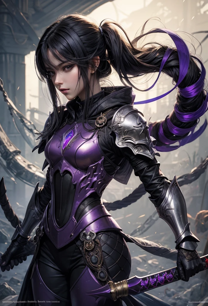(Detailed illustrations,Very detailed and detailed drawing,Delicate lines with slow and rapid,Realistic texture expression),[Color tressed main line],(Fantasy World Battlefield Background [Burning castle]),(GIRL ROBOT (purple scorpion[METALFACE]) (SKINNY)) [WEAPON MACHINE],((NINJA Sengoku Armor))[stall],[[poisonous scorpion pattern]],[Use a ninja sword as a weapon],[[Mobile Weapon Gigant Size][Science Fiction Mechanical]],[Clear purple translucent shell that covers the body surface],(Intricate and beautiful decoration [Dense detail]),[Transparency],(Precisely drawn face)[完璧な目のdetaileds(Iris beautifully drawn in every detail)[Jewel-like eyes]],[long and beautiful eyelashes],[Meticulously drawn hair [美しく艷やかな髪のdetaileds]],(完璧な手のdetaileds [Beautiful fingers without breakdowns [Beautiful nails]]),(Perfect Anatomy(Perfectly proportioned))[[Full body like]],[Ideal color coordination(Accurate simulation of light-material interactions)],([Precision Detail](detaileds,high-detail)),[Visual art that conveys a sense of narrative].