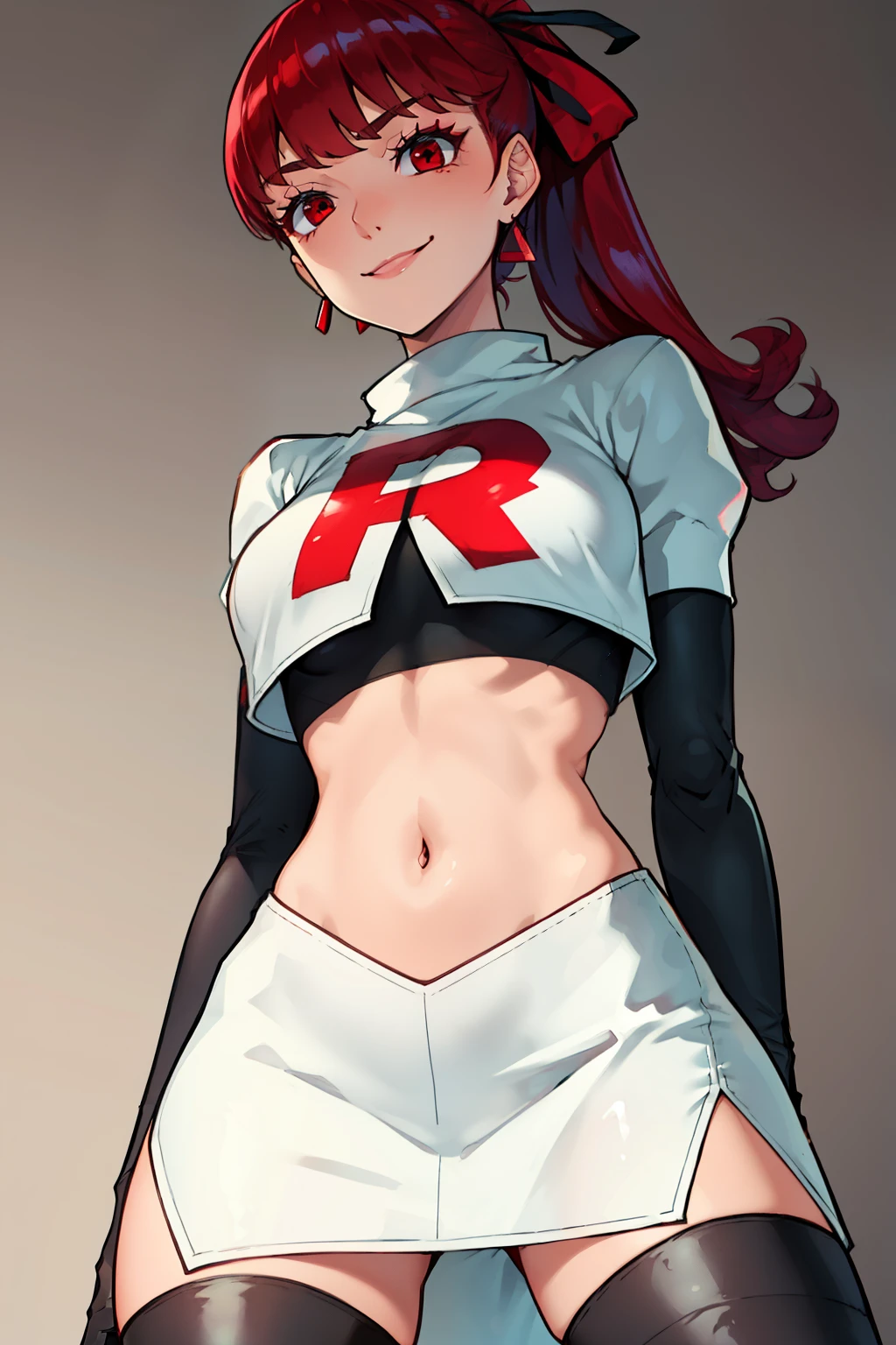 red hair, pony tail, red eyes ,glossy lips, light makeup, eye shadow, earrings ,team rocket,team rocket uniform, red letter R, white skirt,white crop top,black thigh-high boots, black elbow gloves, evil smile, looking down on viewer, arms crossed