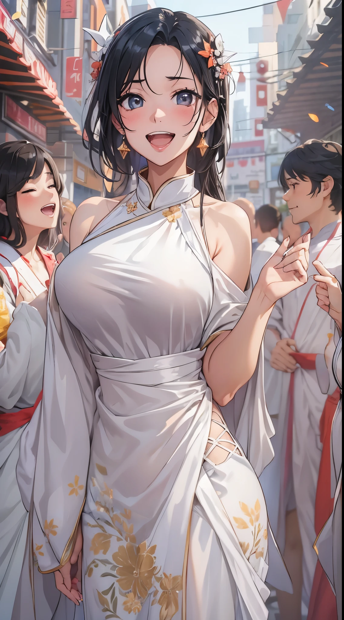 1womanl,Black hair,years ,(()),Beautiful breasts,(((sexy white shiny cheongsam)))(())(((Blushing cheeks、Smile with open mouth)),(((Satin Narico))),((( portlate))),Crowds,White china clothes