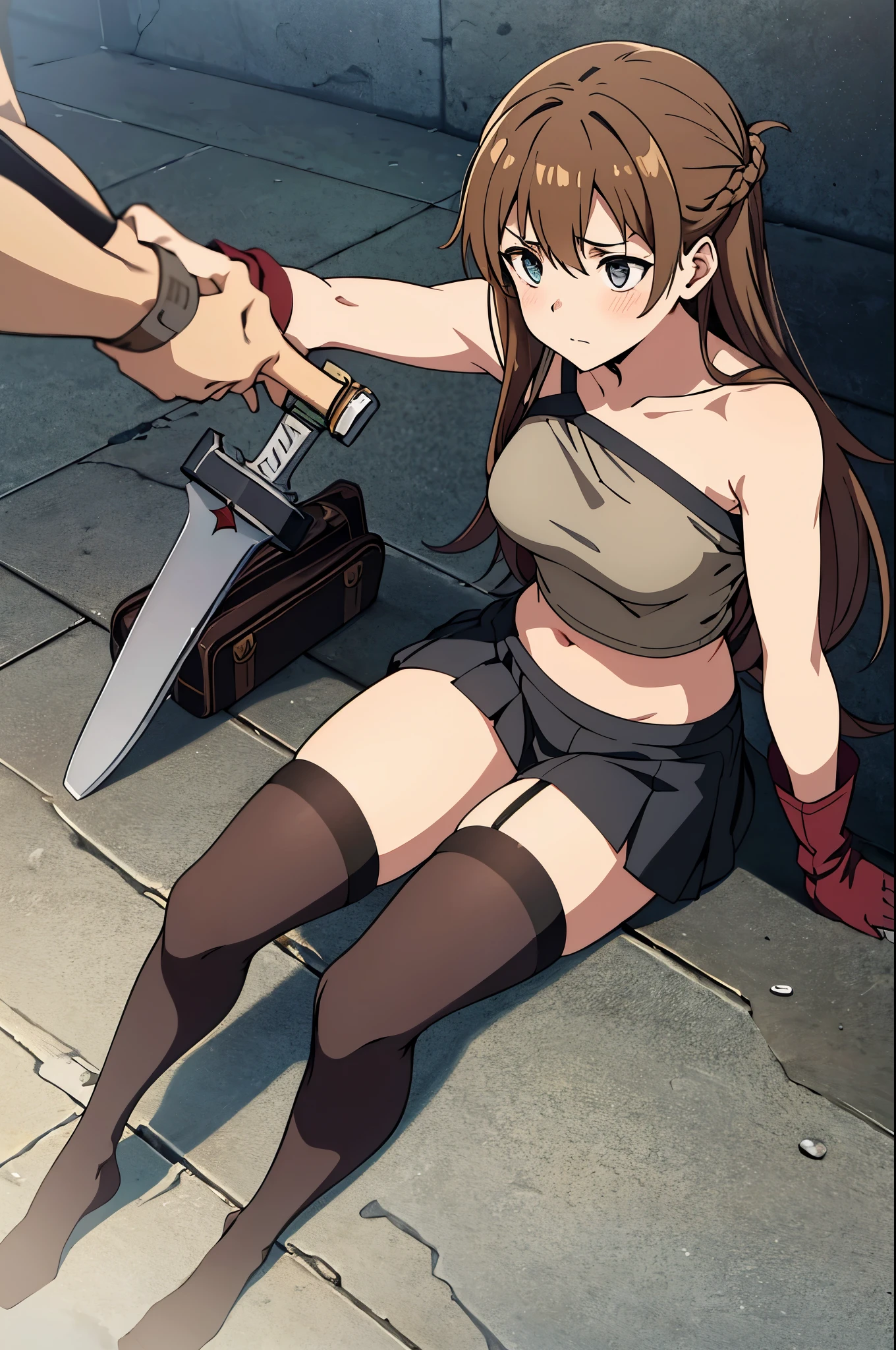 1woman, brunette hair, sword art online asuna face, hair covering right eye, blushing, ripped up spaggethi strap crop top, pleated black ripped skirt, detaily ripped off black tigh-highs, her thigh-highs being shrdedded, getting her clothes ripped to shreds, all destroyed and ripped off clothing, no shoes, laying on back in fetel postition, scracthed and bruised and bleeding, dungeon background, low health points, ryona, beat up girl, near death, fom above