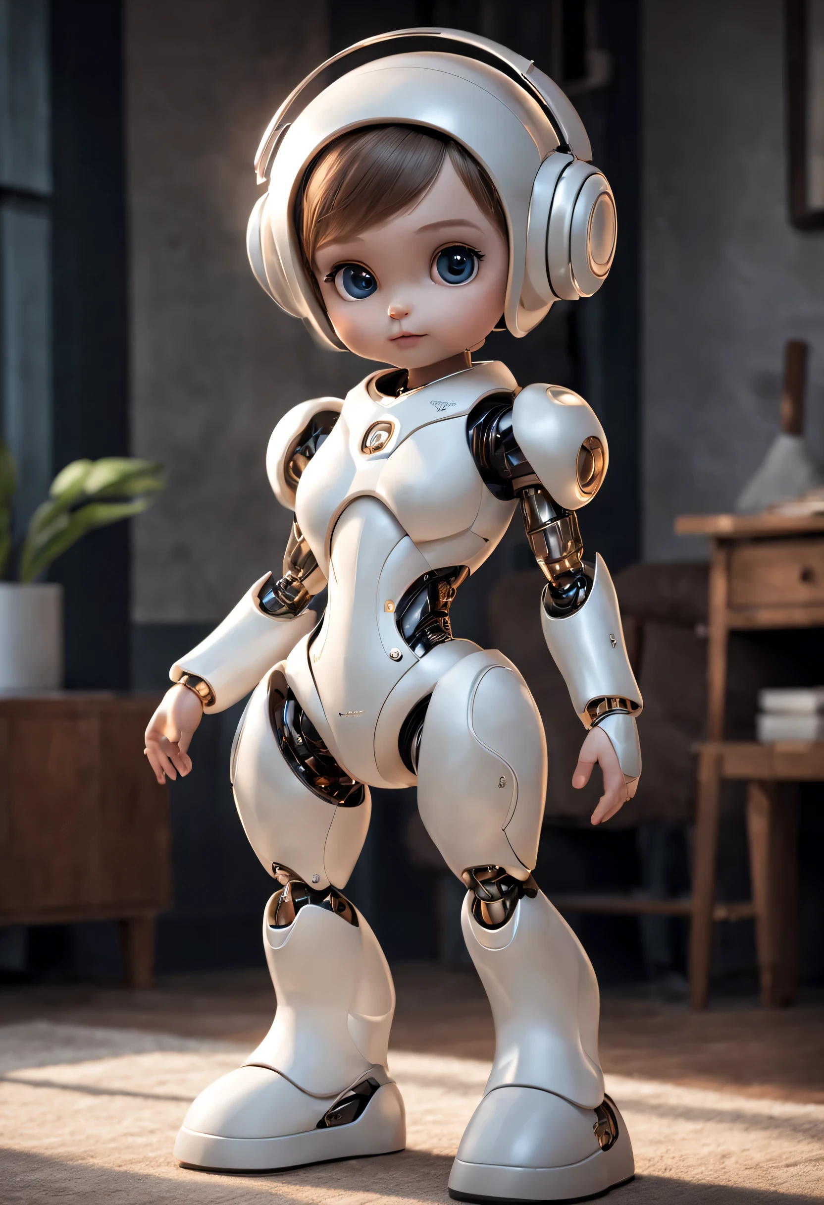 （Future character design），sci-fy，in a future world，Female robot housekeeper，The head is also equipped with a pair of sensitive ears，Can accurately capture your baby&#39;sound，The body shape is very elegantly designed，The body is made of smooth white material，Her hands are flexible and strong,  people feel comfortable and warm.，Hands equipped with smart sensors，Can accurately sense the baby&#39;temperature and touch，Take better care of your baby，Lower body designed for comfortable walking robot，She can walk around the house freely. Her big bright eyes are always paying attention to her clothes，I am also very particular about what I wear..。She wears a stylish and comfortable white dress，The skirt is decorated with various cute patterns，Wearing a pair of light-colored white shoes on her feet，Let her move around the house freely，without any noise。Design full of feminine softness and care，ao mesmo tempo, It also has strong intelligence and flexible movements.。She is a beautiful scenery in the future family，让人们在享受科技带来便利的ao mesmo tempo，I also feel the warmth and care