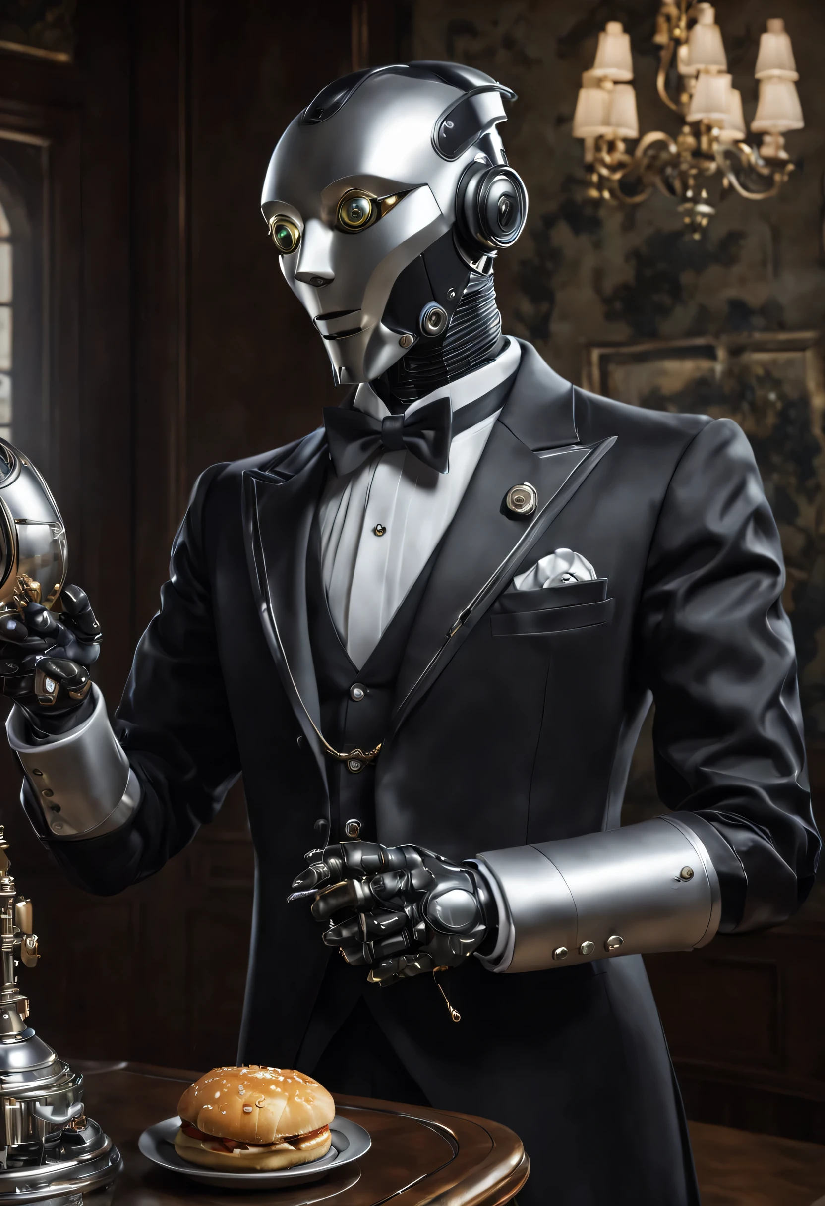 art by mooncryptowow, an android robot dressed as a butler exudes an intriguing blend of advanced technology and old-world charm. Its sleek, metallic frame and cybernetic enhancements are juxtaposed with the classic attire of a butler, creating a visually captivating and thought-provoking scene that blurs the boundaries between the past and the future, evoking a sense of wonder and fascination, super detail, high details, high quality, award winning, 8k, masterpiece