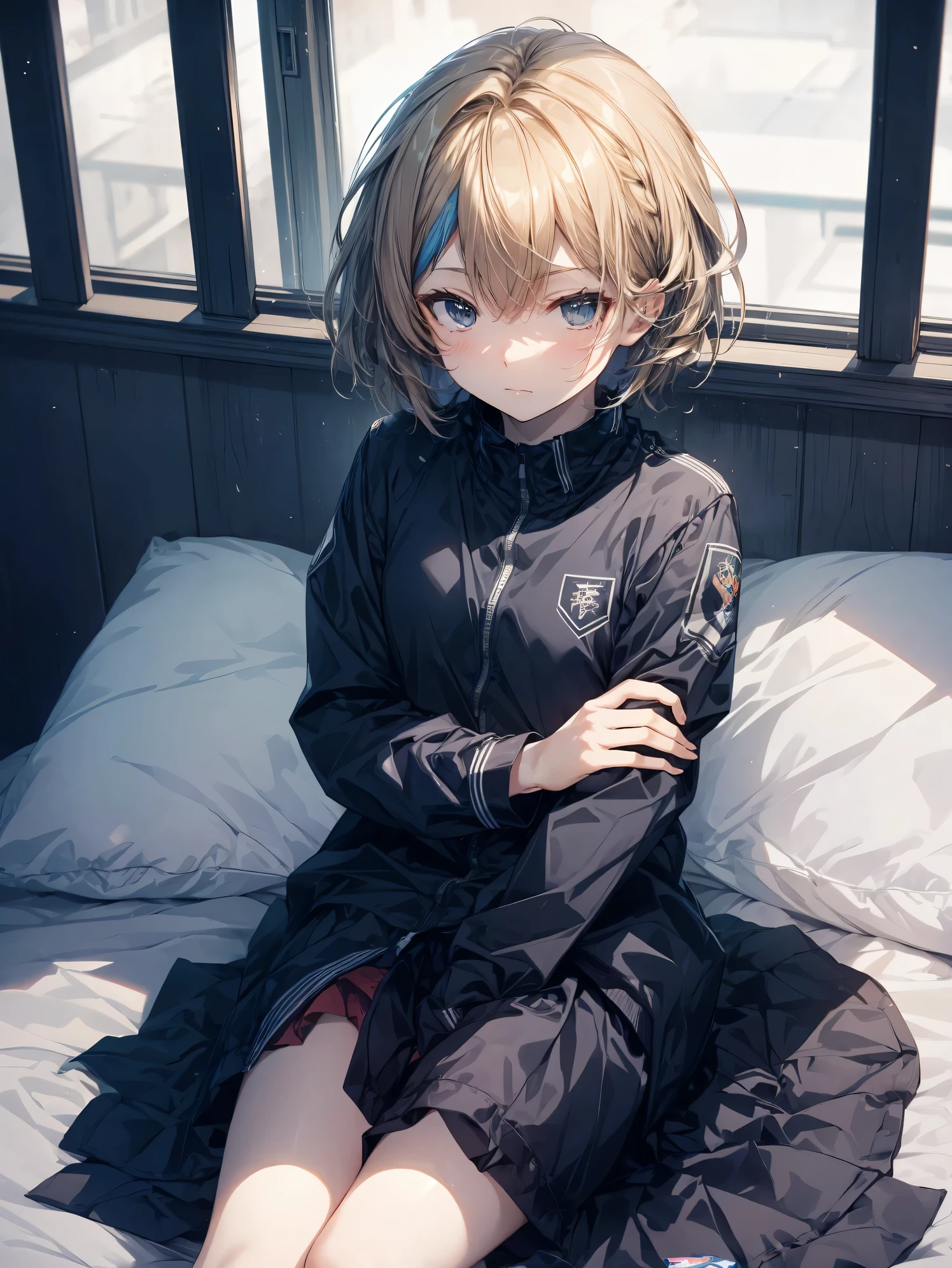 Super high quality by the art god, Ultra-detailed, High resolution, Gwise Style, anime moe art style, best anime 8K konachan wallpaper, Pixiv Contest Winner, Perfect Anatomy,BREAK,(Please draw a picture of a girl sitting sleepily on the bed. ),BREAK, a hyperrealistic schoolgirl, (Solo,Lori,child,13years:1.3),Full limbs, complete fingers,a junior high school student, Androgynous attraction, (Very short hair), hair messy, flat chest, Small butt, groin, Small eyes,Beautiful detailed black eyes, Well-proportioned iris and pupils,  High resolution detailed hair, School uniform, Skirt, sitting on a bed, From  above,BREAK,Ultra-detailed細なスキン,Shiny skin, Best lighting by famous artists, 8K, Cute illustration.