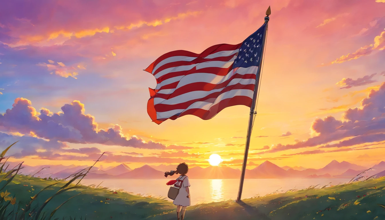 a high-resolution shot of the USA flag against a dramatic sunset or sunrise backdrop, with warm, golden light illuminating the flag and creating a visually striking composition