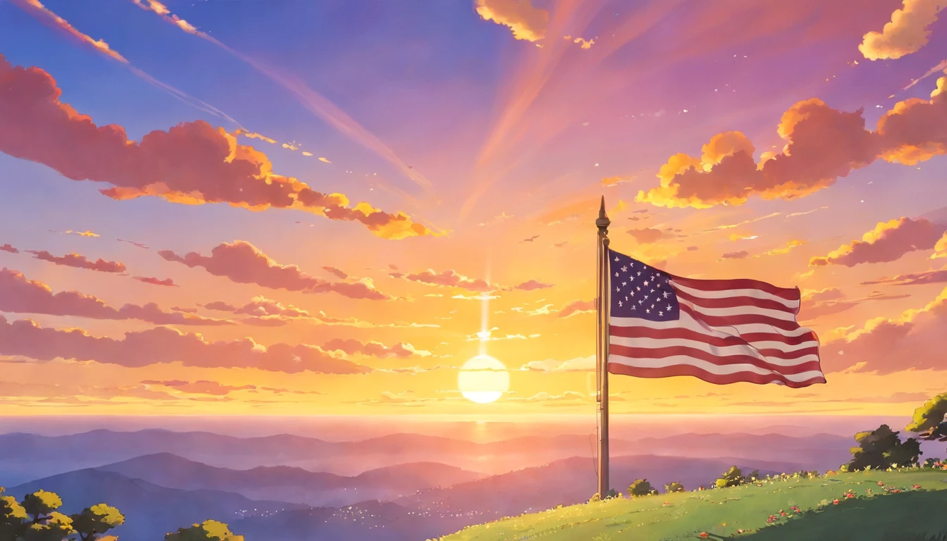 a high-resolution shot of the USA flag against a dramatic sunset or sunrise backdrop, with warm, golden light illuminating the flag and creating a visually striking composition