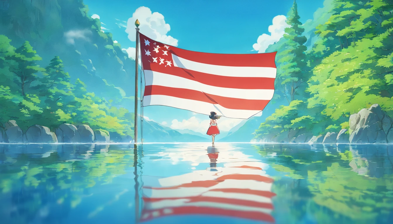 a creative shot of the USA flag reflected in still water or a mirror, with a unique perspective that adds an element of visual interest and intrigue to the image