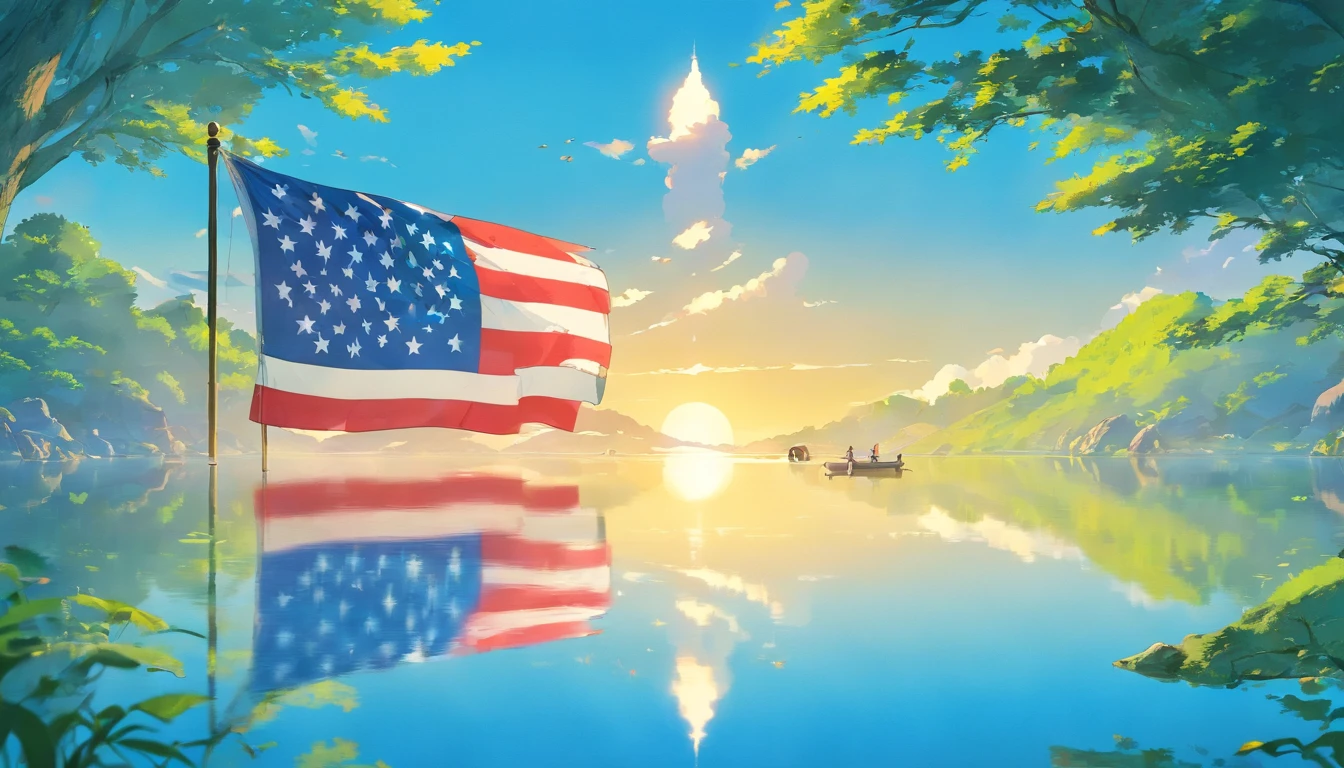 a creative shot of the USA flag reflected in still water or a mirror, with a unique perspective that adds an element of visual interest and intrigue to the image