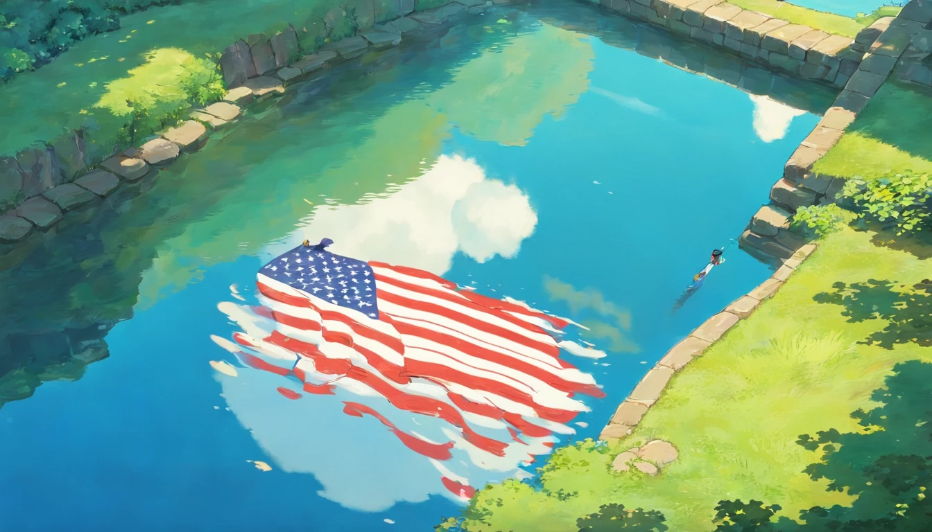 a creative shot of the USA flag reflected in still water or a mirror, with a unique perspective that adds an element of visual interest and intrigue to the image