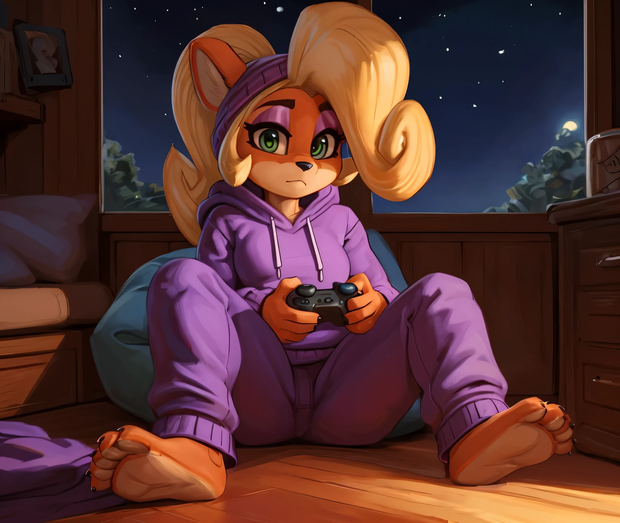 [Coco bandicoot], [Uploaded to e621.net; (Pixelsketcher), (wamudraws)], ((masterpiece)), ((HD)), ((solo portrait)), ((full body)), ((front view)), ((feet visible)), ((furry; anthro)), ((detailed fur)), ((detailed shading)), ((beautiful render art)), ((intricate details)), {anthro; orange fur, black nose, (cute green eyes), (short eyelashes), (pink eyeshadow), (long blonde curly hair), (curvy hips), (beautiful legs), (beautiful feet), (blushing), (expressionless)}, {(purple sweatshirt hoodie), (purple sweatpants), (pink beanie on head)}, {(sitting), (playing video game), (controller in hands), (looking at viewer)}, [background; (bedroom), (beanbag), (gaming console), (window), (nighttime), (starry sky), (ambient lighting)]