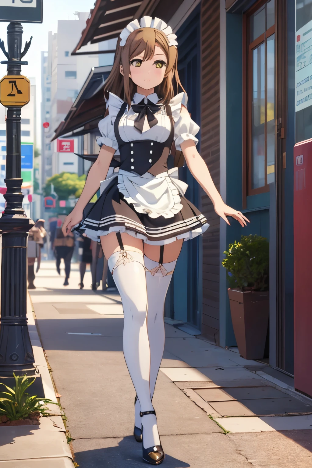 (pixel-perfect, detail-perfect), solo, 1girl, highly detailed, absirdres, masterpiece, illustration, game cg, hanamaru kunikida, amber eyes, maid, city street, thigh highs, hogh heels