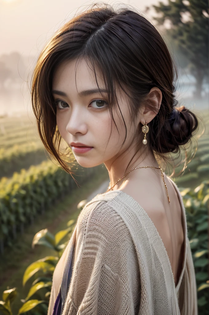 (Photoreal Stick:1.5, masutepiece:1.5, 8K), (top-quality, ​masterpiece, 超A high resolution), ((fog the lens:1.6)), ((reflect light onto the lens:1.6)), ((Shoot with blur:1.6)), ((sunrises, Sunlight coming in from behind:1.7, The sunlight of the morning sun spreads across the screen:1.7)), ((The woman looks hazy because of the bright light.:1.8, The entire screen appears white and hazy:1.8)), Face Sharp Focus:1.3, Professional camera work:1.3, Highly detailed skin and facial texture:1.3, Grow Light Effect, The ultra-detailliert:1.3, 1girl in, Fair skin, (Sense of clarity:1.4, a small face), Extremely beautiful face:1.5, (Sense of clarityを感じる目:0.9, looking distantly), Enraptured look:1.0, i love you completely:0.8, (Slightly open mouth:0.4, Sense of clarityを感じる口当たり:0.7), 二重まぶた, Dark brown medium hair, necklace and earrings