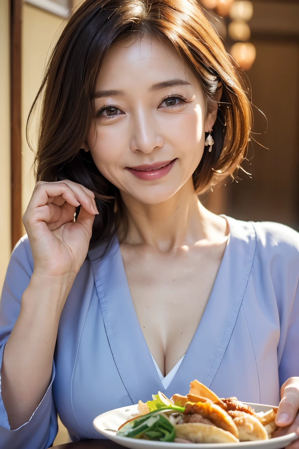 (Masterpiece: 1.4), High resolution, Highest quality, RAW, 8K, (50 year old woman: 1.4), (Face wrinkles: 1.3), Beautiful woman, (Suits: 1.4), (Smile: 1.3), (Beautiful woman: 1.3 ), pleasant breeze, bright sunlight,Japanese mature woman,blouse,asian girl,boobies,Young beauty spirit ,(dinner:1.3)