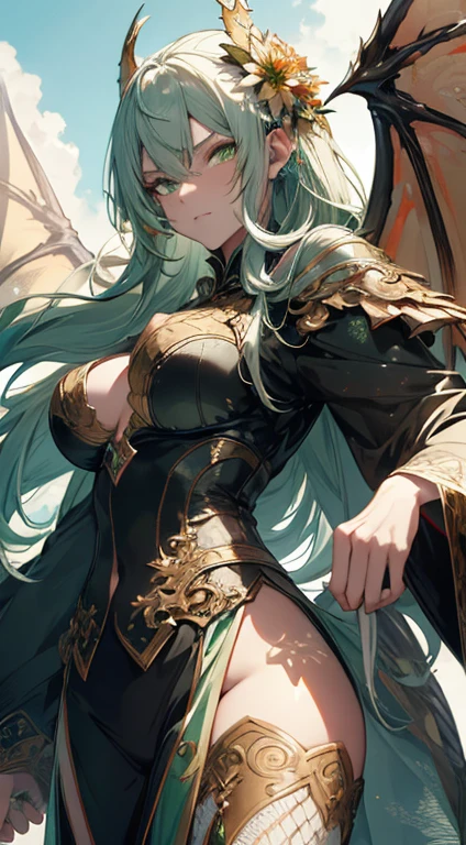 (best quality, 4k, 8k, High, master piece:1.2), ultra-detailed, portrait, white and green hair, strong gaze, sharp pupils,half dragon motif,Beautiful and detailed face, Dragon scales on half of his face , long flowing hair, expressive eyes, confident posture, standing in a lush garden with blooming flowers, vibrant colors, soft sunlight, scenic background, Emerging Dragon Wings, Extravagant atmosphere