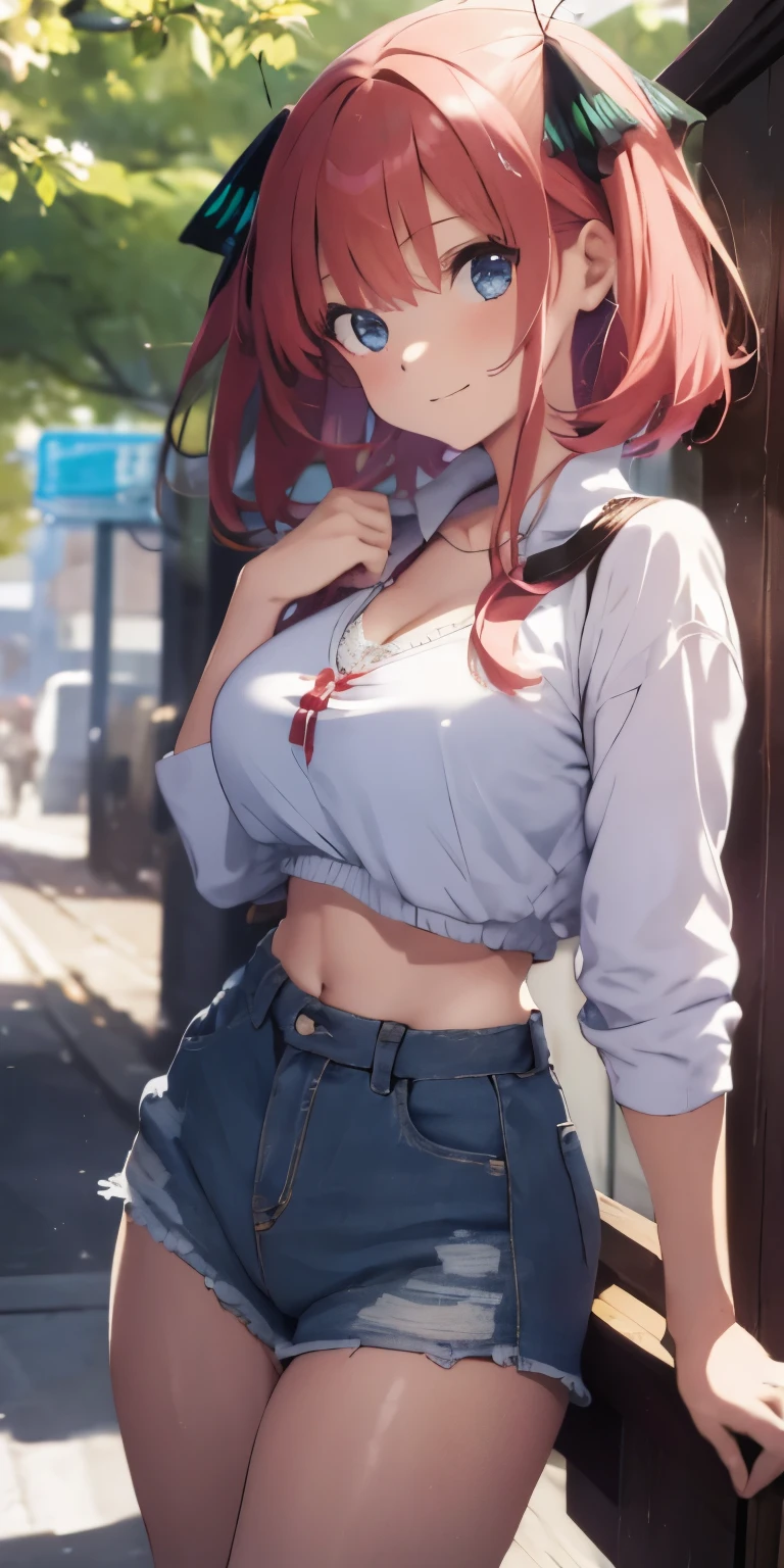 2d, masterpiece, best quality, anime, highly detailed, 1girl, solo, cowboy shot, nakano nino, pink hair, butterfly hair ornament, crop top , cleavage, Denim shorts , medium breasts, standing, school, outdoors, smile