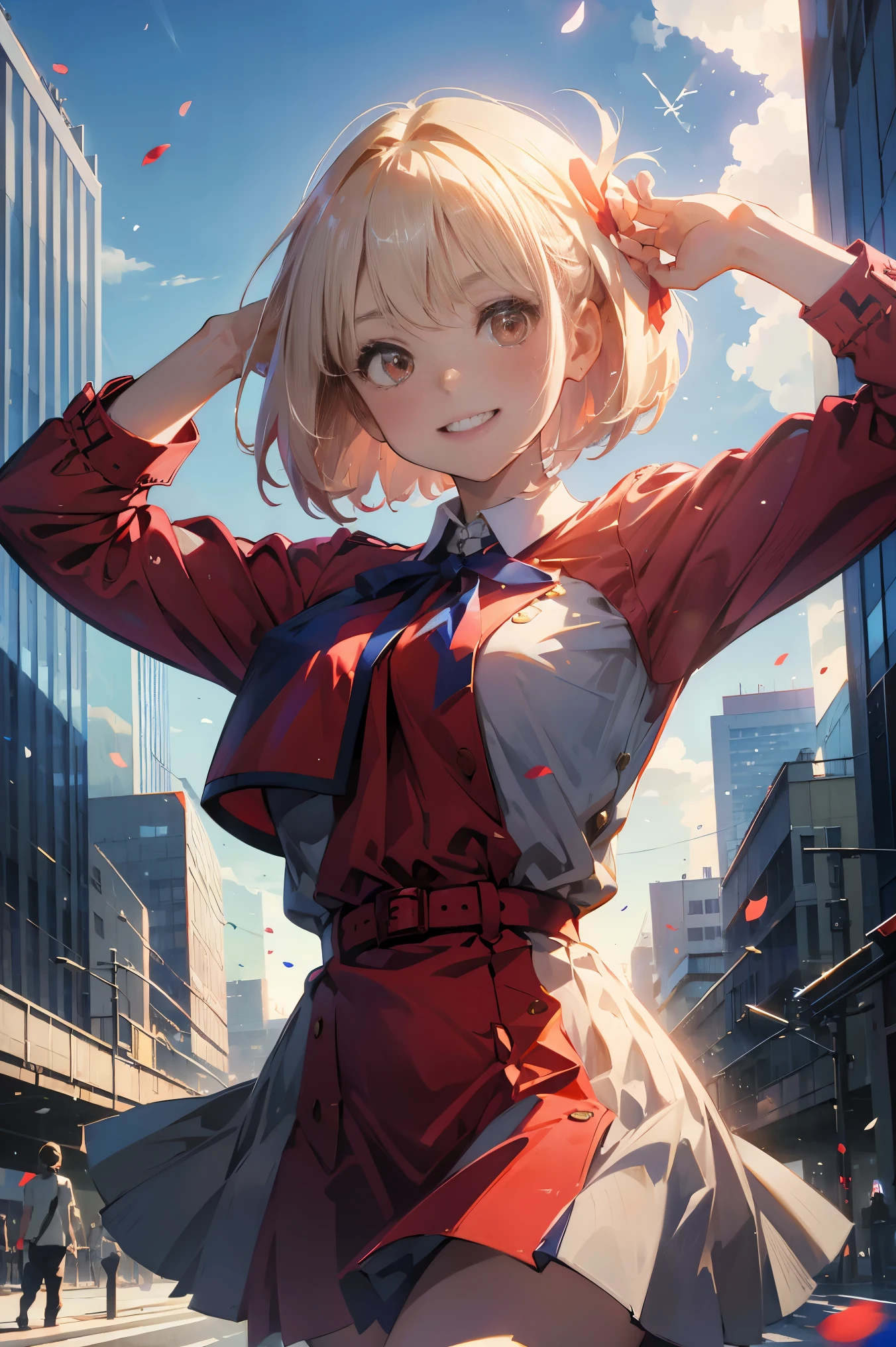 masterpiece、top-quality、Female one、bangss、platinum-blonde、red school uniform、red blush、breastsout、Y shirt、cowboy shot、dress shirts、Eyebrows visible through the hair、Grinning、Bob Hair、Viewer's Perspective、Navy blue tie ribbon、Akame、student clothes、a red skirt、A smile、独奏、blue-sky、flower petals、Fashionable、sano、colourfull、Dynamic、City background lined with skyscrapers