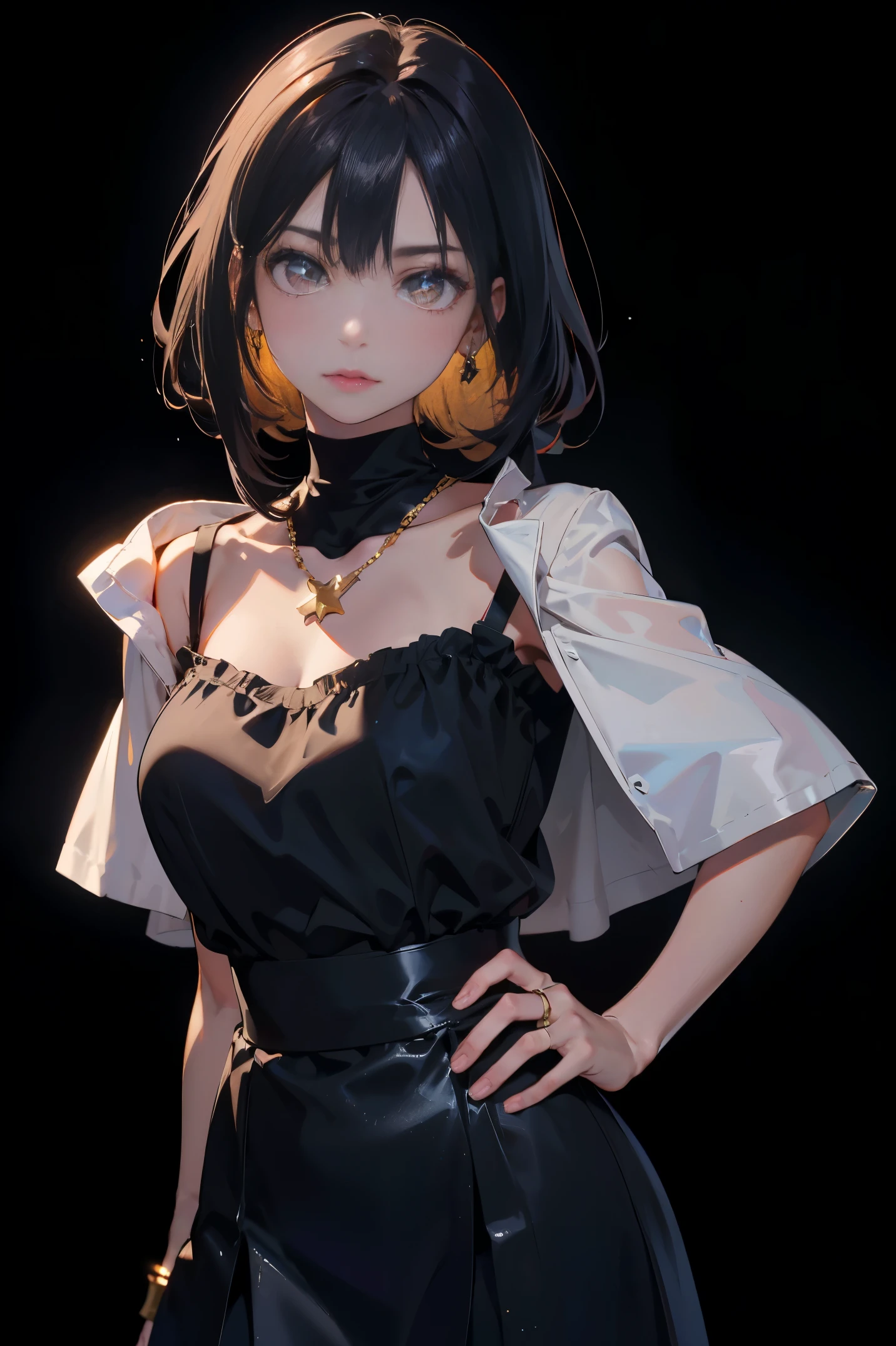 a 20 yo woman、Black blue Hair、poneyTail、(hi-top fade:1.3)、dark themed、Muted Tones、Subdued Color、highly contrast、(natural skin textures、Hyper-Realism、Soft light、sharp)、makeup, mascara, Lips are subdued or colors, simple black background, Minimalism, monotone, simple color palettes, Clean, sharp designs, flowing silhouettes, Tight skirts and pants, high-waisted skirts and pants, simple dresses, shirts and blouses, asymmetrical, geometric, Elegant and luxurious materials and designs, Simple, minimal accessories, Slim necklaces and rings in silver or gold, Simple bangles, Distinctive designs, simple silhouettes, simple and sophisticated style, elegance, minimalism, high quality materials, cool and urban impression, high fashion, simplicity and sophistication,Santa Costumes、Christmas、Christmas cosplay、The background is a Christmas tree、