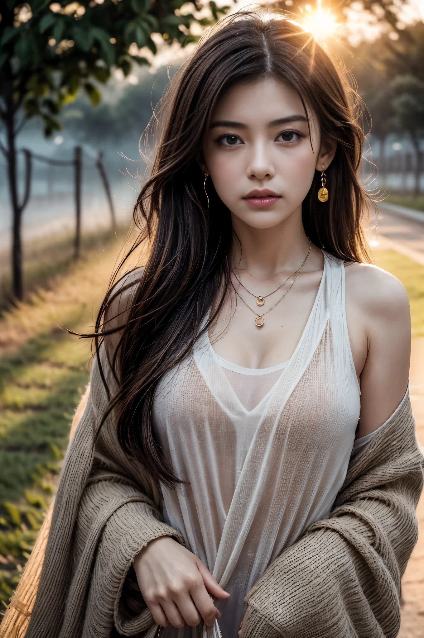 (Photoreal Stick:1.5, masutepiece:1.5, 8K), (top-quality, masterpiece, 超A high resolution), ((fog the lens:1.6)), ((reflect light onto the lens:1.6)), ((Shoot with blur:1.6)), ((sunrises, Sunlight coming in from behind:1.7, The sunlight of the morning sun spreads across the screen:1.7)), ((The woman looks hazy because of the bright light.:1.8, The entire screen appears white and hazy:1.8)), Face Sharp Focus:1.3, Professional camera work:1.3, Highly detailed skin and facial texture:1.3, Grow Light Effect, The ultra-detailliert:1.3, 1girl in, Fair skin, (Sense of clarity:1.4, a small face), Extremely beautiful face:1.5, (Sense of clarityを感じる目:0.9, looking distantly), Enraptured look:1.0, i love you completely:0.8, (Slightly open mouth:0.4, Sense of clarityを感じる口当たり:0.7), 二重まぶた, Dark brown medium hair, necklace and earrings