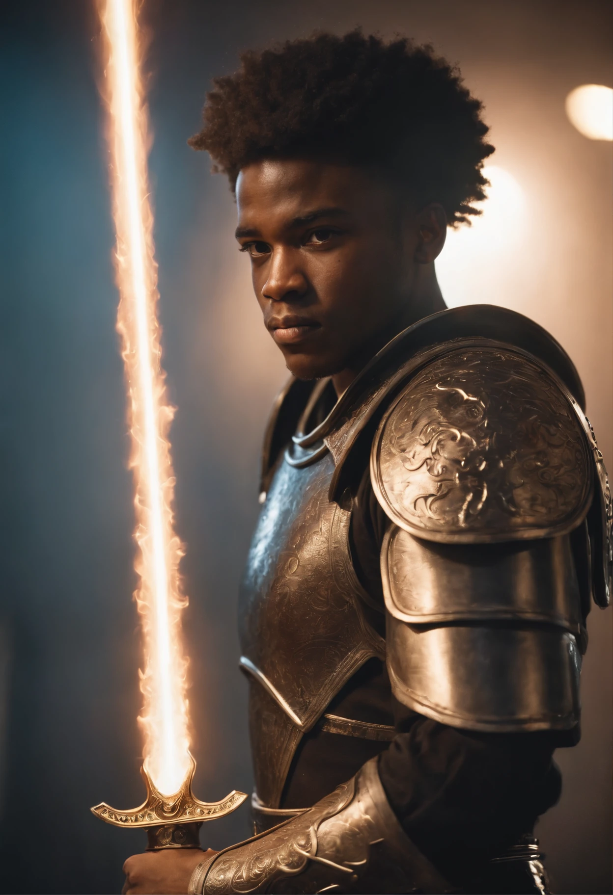 Black male aged 19 with Afro dressed in futuristic armor holding a flaming sword