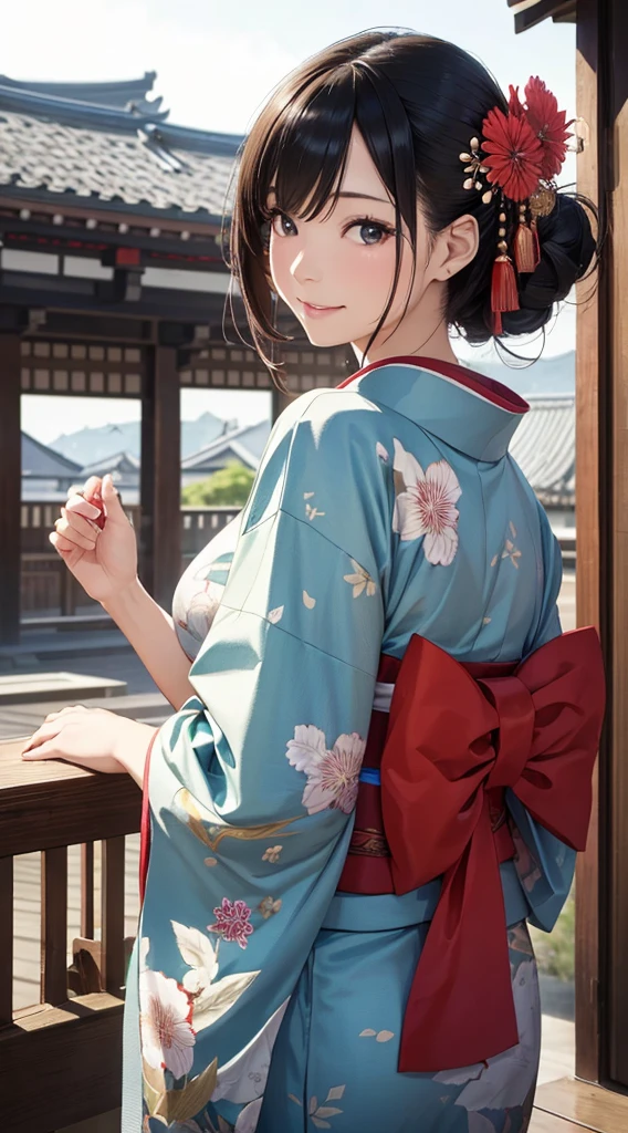 Best Quality, masutepiece, 超A high resolution, (Photorealistic:1.4), Raw photo, One bewitching woman, (age 40s),Kimono beauty with a crane pattern, gros-plan, Looking at Viewer, castle town, Farbe々Hairstyle, Hair Ornament,Beautiful photos,is beautiful,fullbody image,Smiling kindly。