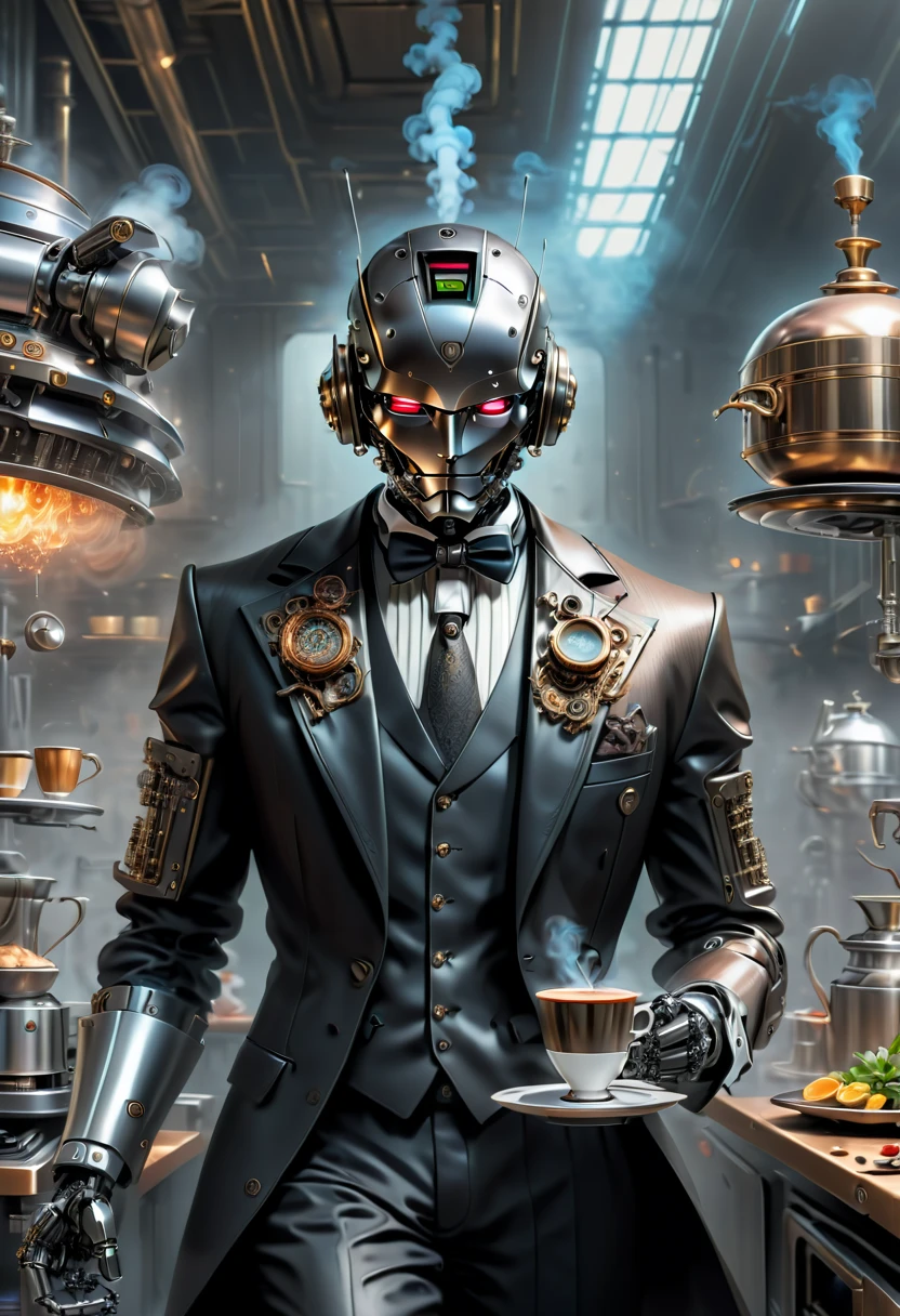 best qualtiy，8k，A high resolution，tmasterpiece，hyper-detailing，((1 robot butler))，（Robot, head made of titanium alloy machinery, body made of vibranium），wearing a tuxedo，Trousers，leather shoes，Holding a steaming cup of coffee on a tray in a futuristic cyberpunk kitchen，k hd，超k hd，studiolight，an ultrafine painting，tack sharp focus，physically-based renderingt，Extremely detailed description，professional，Bright colorokeh，On ArtStation，Popular on CGSociety，portraitureuture，Steampunk，Cyberpunk，sci fi art，number art，modern，Elegant，Exquisite，フォトリアリスティック，超フォトリアリスティック，Complex，Cyberpunk，Amazing，