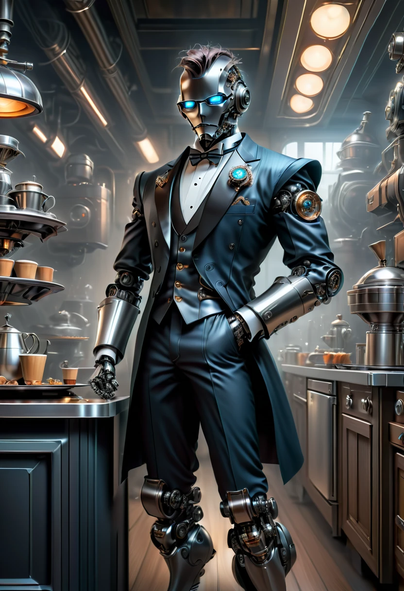 best qualtiy，8k，A high resolution，tmasterpiece，hyper-detailing，((1 robot butler))，（Robot, head made of titanium alloy machinery, body made of vibranium），wearing a tuxedo，Trousers，leather shoes，Holding a steaming cup of coffee on a tray in a futuristic cyberpunk kitchen，k hd，超k hd，studiolight，an ultrafine painting，tack sharp focus，physically-based renderingt，Extremely detailed description，professional，Bright colorokeh，On ArtStation，Popular on CGSociety，portraitureuture，Steampunk，Cyberpunk，sci fi art，number art，modern，Elegant，Exquisite，フォトリアリスティック，超フォトリアリスティック，Complex，Cyberpunk，Amazing，