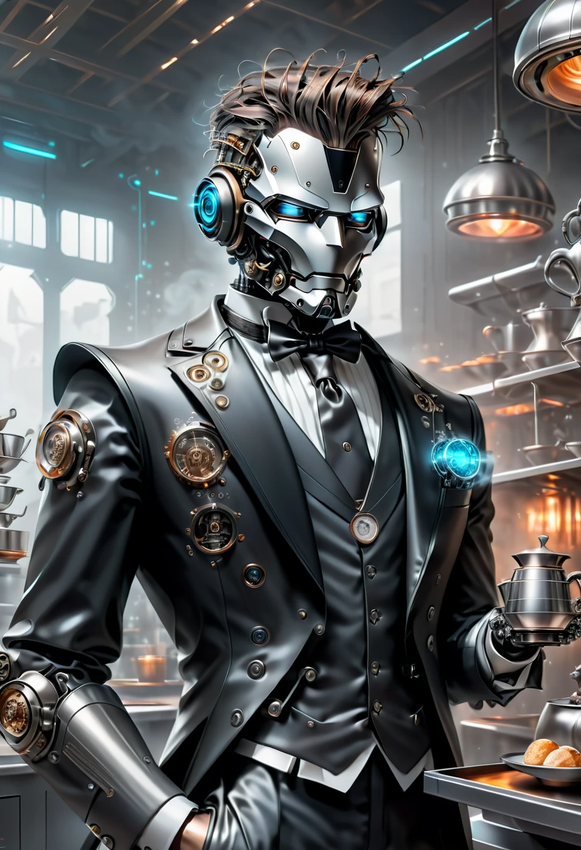 best qualtiy，8k，A high resolution，tmasterpiece，hyper-detailing，((1 robot butler))，（Robot, head made of titanium alloy machinery, body made of vibranium），wearing a tuxedo，Trousers，leather shoes，Holding a steaming cup of coffee on a tray in a futuristic cyberpunk kitchen，k hd，超k hd，studiolight，an ultrafine painting，tack sharp focus，physically-based renderingt，Extremely detailed description，professional，Bright colorokeh，On ArtStation，Popular on CGSociety，portraitureuture，Steampunk，Cyberpunk，sci fi art，number art，modern，Elegant，Exquisite，フォトリアリスティック，超フォトリアリスティック，Complex，Cyberpunk，Amazing，