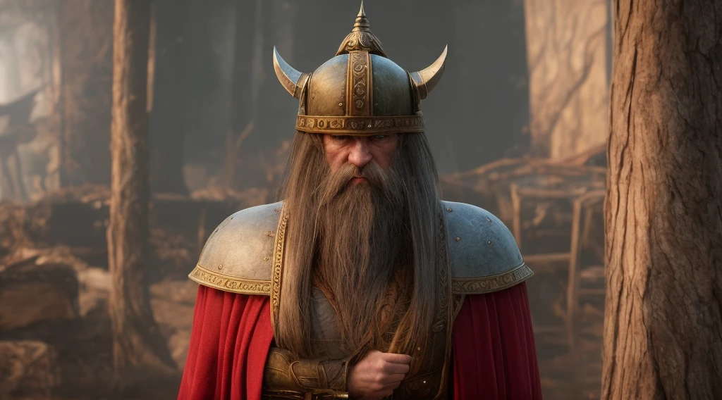red cloak、dwarfman, big beard,long beard:1.5、 with muscles, Heavy armor, has a heavy ax, in woods, Snow, 8K Ultra Real