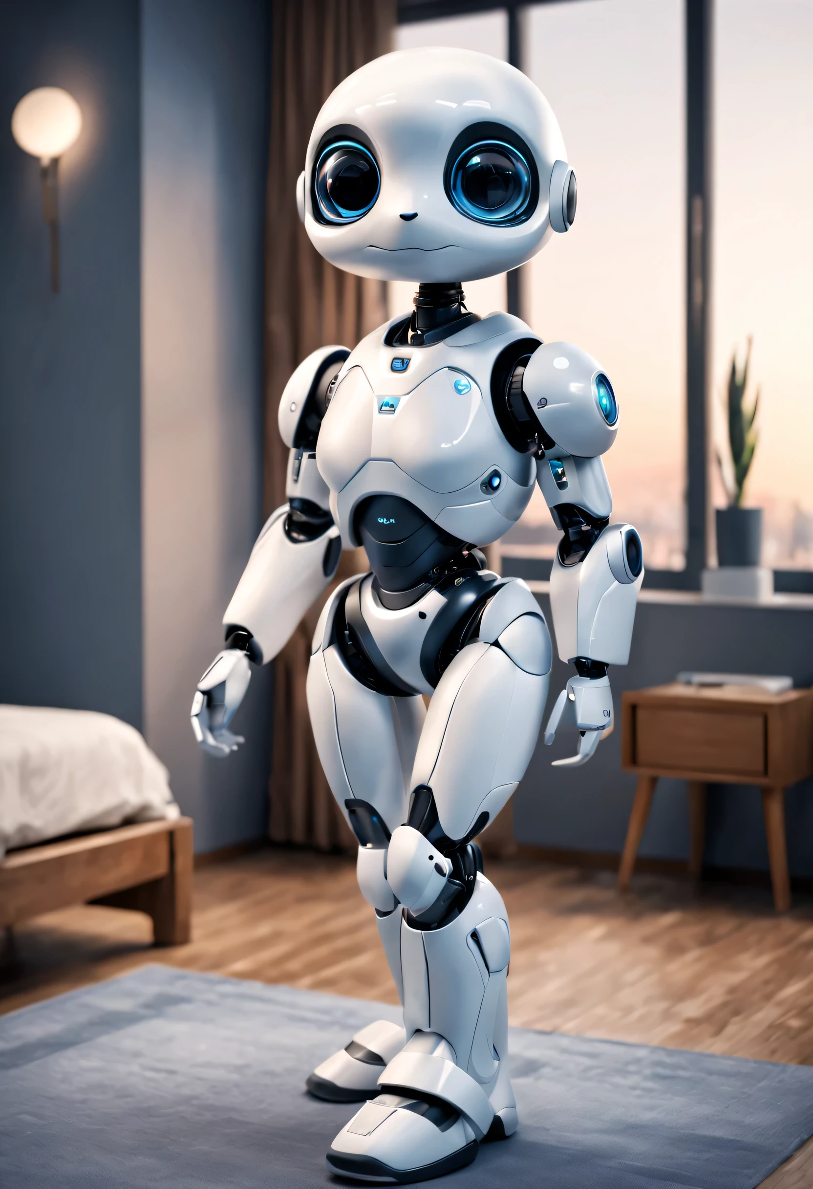 in a future world, (The robot butler is feeding the ), The design of the robot butler is both fashionable and approachable,(Her head is equipped with a high-definition analog facial display), Ability to display a warm and friendly smile. The head is also equipped with a pair of sensitive ears, Can accurately capture your babyoice. The body design is very elegant, The body is made of smooth white material,Comfortable and warm to the touch. Her hands are flexible and strong, Equipped with smart sensors, The lower body is designed as a comfortable walking robot, Can walk freely at home. Her big bright eyes are always looking at the baby, Ane clothes of the robot butler are also very particular... She wears a stylish and comfortable white dress,It is decorated with various cute patterns. She is wearing a pair of light white shoes, Let her walk freely at home,without any noise. Design full of feminine tenderness and care, ao mesmo tempo, He also has strong intelligence and flexible movements., Future character design,sci-fy,Black technology,3D ,cyber punk personage,anthropomorphic turtle,