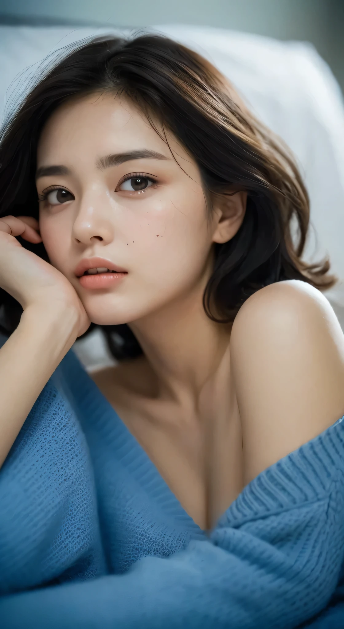 masutepiece , Best Quality, Ultra-detailed, Photo, extremely delicate and beautiful,High resolution, 1girl in, 25 years old, Beautiful girl in Japan, Small breasts, Plump lips, Wavy Hair,Short hair, I have one small mole under my eye, Detailed eyes,detailed facial features, detailed arms,Detailed fingers,Detailed legs, Bedrooms,Sleeping in bed, off-the-shoulder sweater, Perfect dynamic composition, Beautiful Detailed eyes , the beach, Sexy face, Face feeling ecstasy, ((Face at the peak of sexual arousal)), ((Sensation of the face having sex)), (blue lights), Film grain, SLR camera, 35mm lens focal length