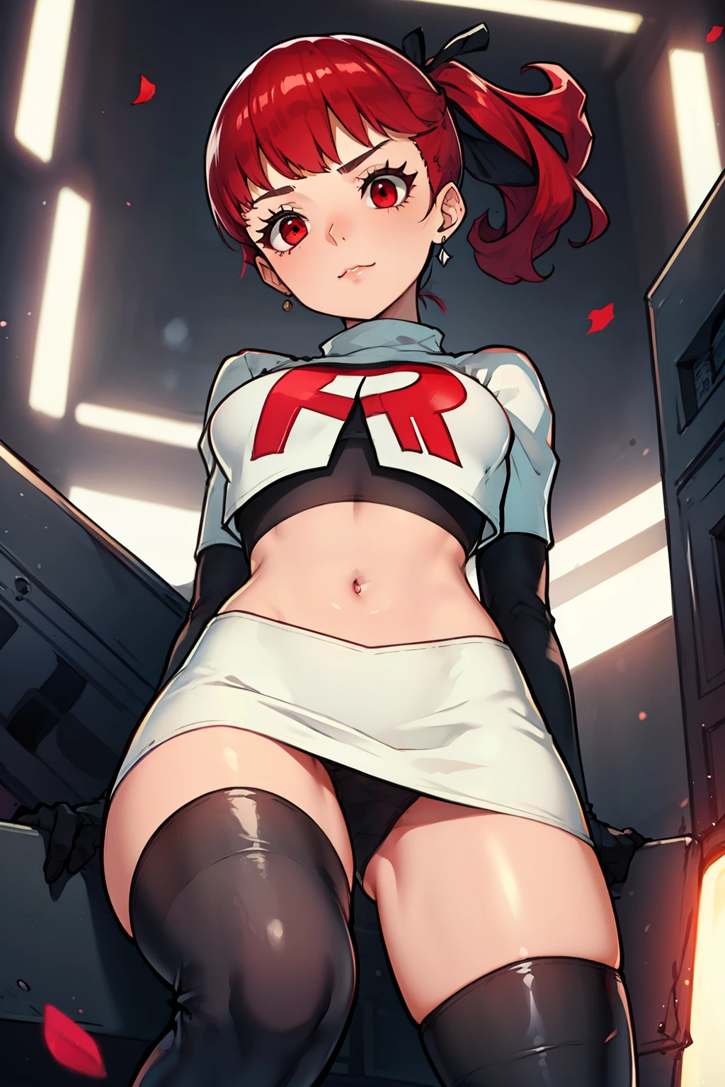 red hair, pony tail, red eyes ,glossy lips, light makeup, eye shadow, earrings ,team rocket,team rocket uniform, red letter R, white skirt,white crop top,black thigh-high boots, black elbow gloves, sinister villianess look, looking down on viewer, pantie shot