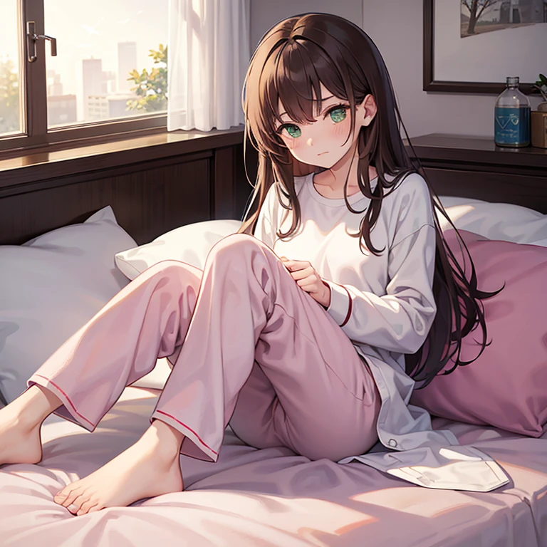 1girl, solo, super fine illustration, an extremely delicate and beautiful, best quality, 20s, brown hair, messy hair, long hair, green eyes, closed eyes, frowning, holding head, white shirt, pink pajama pants, bedroom, bed, pillow, window, curtains, morning, lying down, close-up, hangover, pain, empty bottle, bedside.