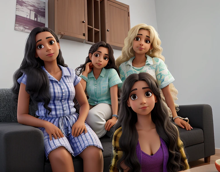 Quatro amigas no sofa da sala com uma janela atras, uma de cabelo loiro cacheado e as outras de cabelo liso prego